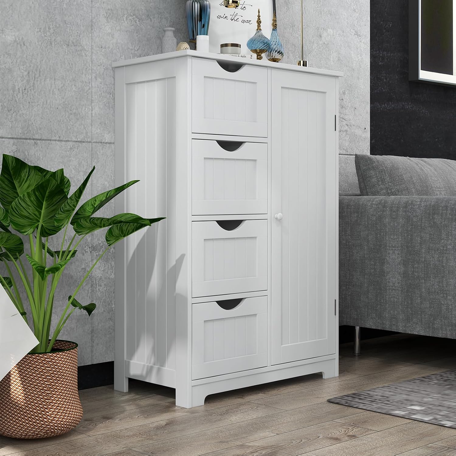 Giantex Storage Cabinet with 4 Drawers, Bathroom Storage Organizer with Cupboard, Adjustable Shelf, Anti-Toppling Device, Floor Cabinet, Entryway Storage Unit Console Table, White