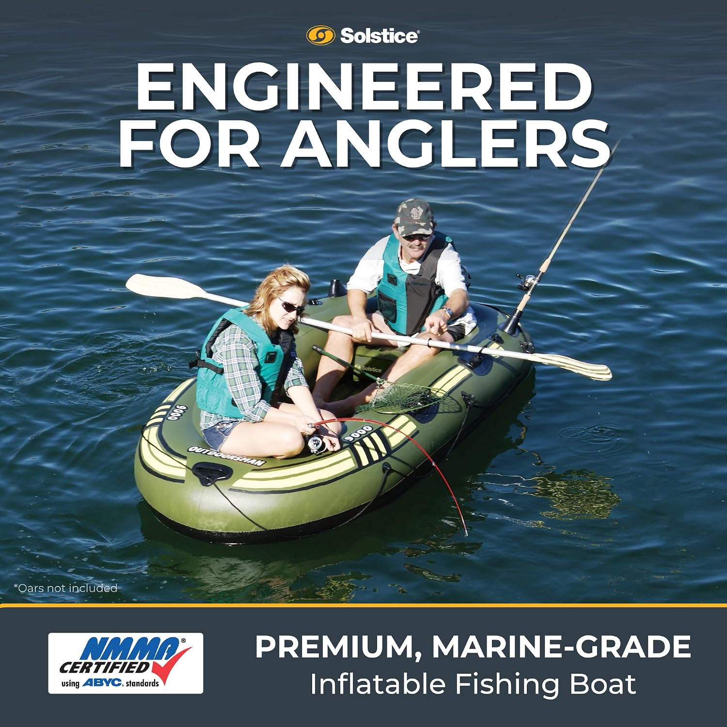 Solstice Voyager 4-Person Inflatable Fishing Boat with Dual Swivel Oar Locks and Rod -Holder, Motor Compatible 9' x 5'