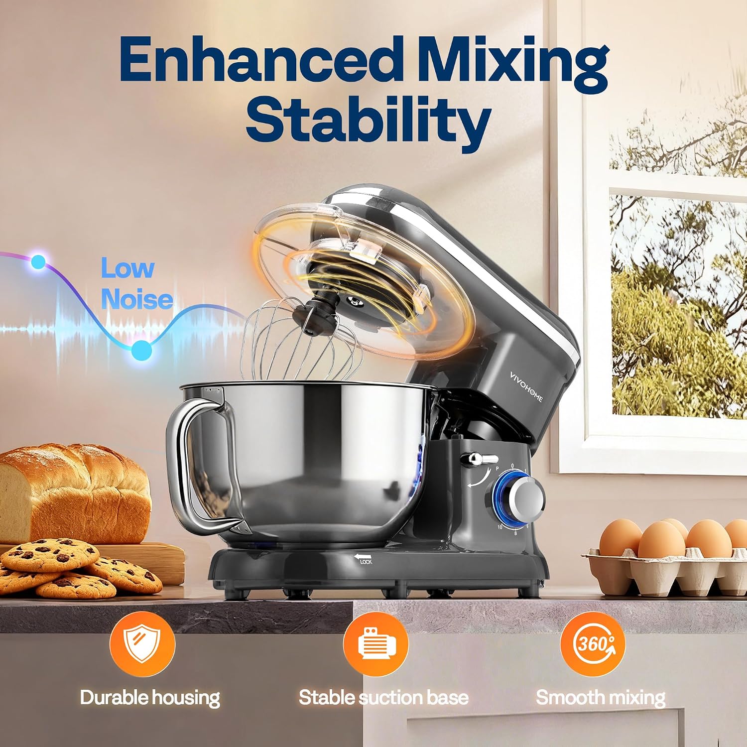 VIVOHOME Stand Mixer, 6-Quart Tilt-Head Kitchen Mixer with Bowl, Gray
