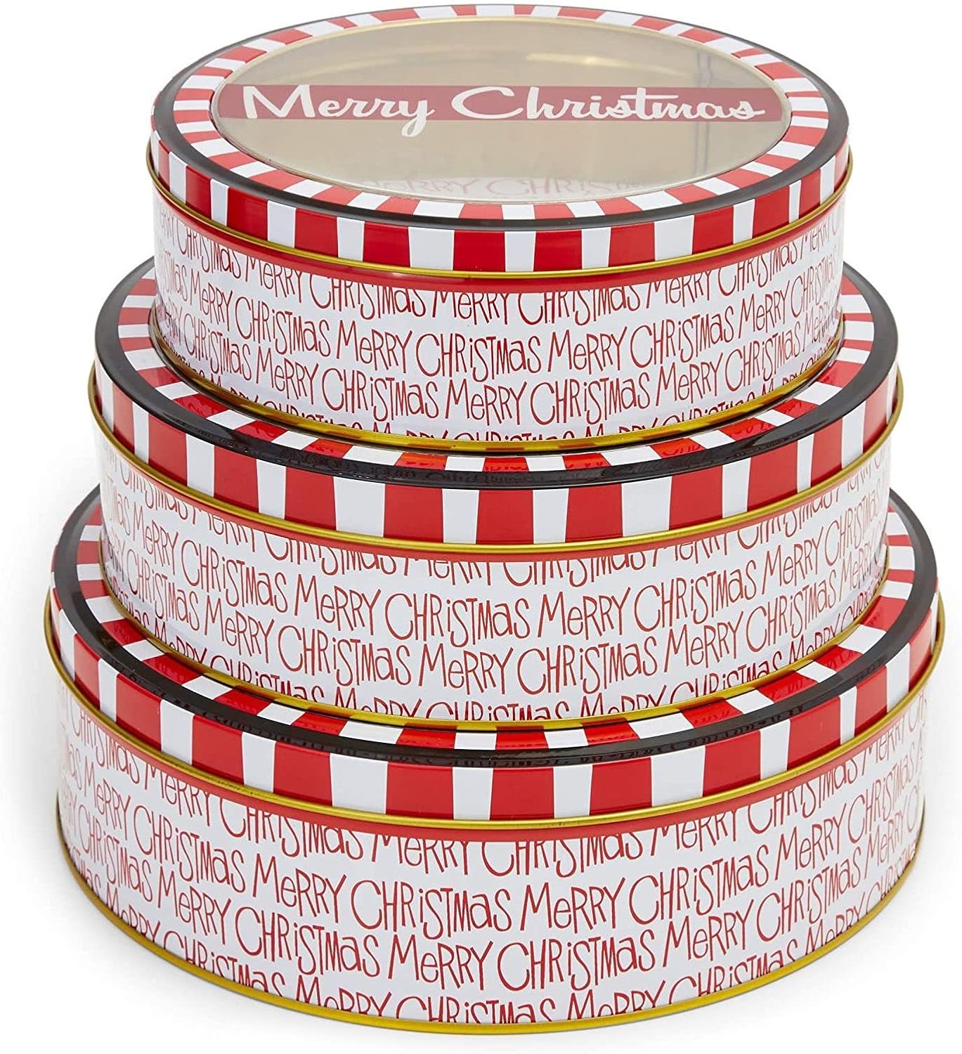 Juvale 3-Piece Cookie Tin with Lid - 8.75 in/7.75 in/6.5 in Round, Red & White - Tin Containers with Lids for Cookie Storage & Container Set