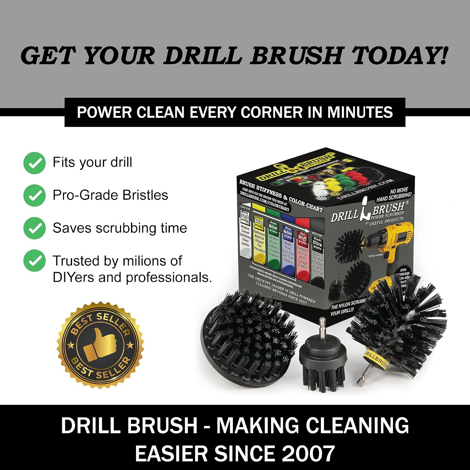 Drillbrush Drill Brush Attachment Set for Bathroom, Tile & Grout Cleaning | Power Scrubber Brush Kit for Bathtub & Shower - All-Purpose Household Cleaning Brushes for Drill - Electric Grout Cleaner Kit