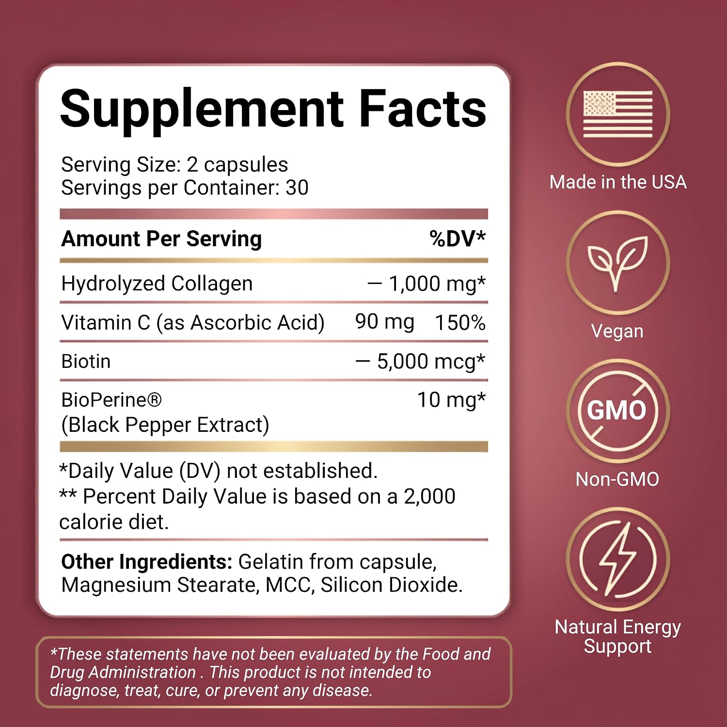 Max Collagen Plus C (60 caps) - All Natural Collagen Capsules with Biotin & Bioperine to Boost Anti Aging Hydration & Skin Firmness - Collagen Pills to Strengthen Bones & Nails