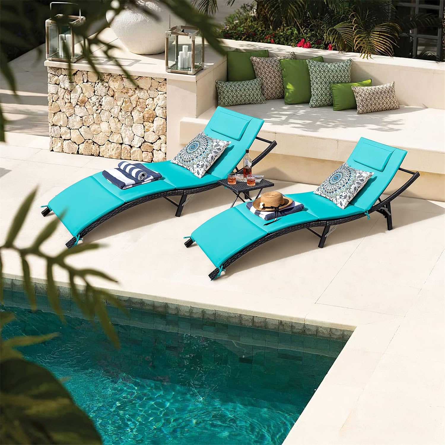 GUNJI Lounge Chairs for Outside 3 Pieces Patio Adjustable Chaise Lounge Outdoor Wicker Lounge Chairs Set of 2 with Table Folding Chaise Lounger for