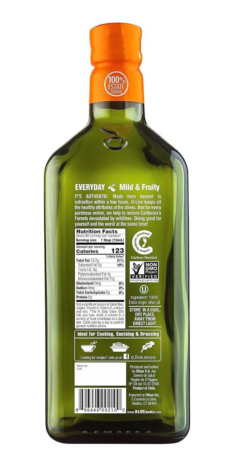 O-Live & Co. 25 Fl Oz 100% Extra Virgin Olive Oil - No Additive - Single Origin Versatile EVOO - First Cold Pressed - Polyphenol Rich - Glass Bottle - New Harvest - Award Winner