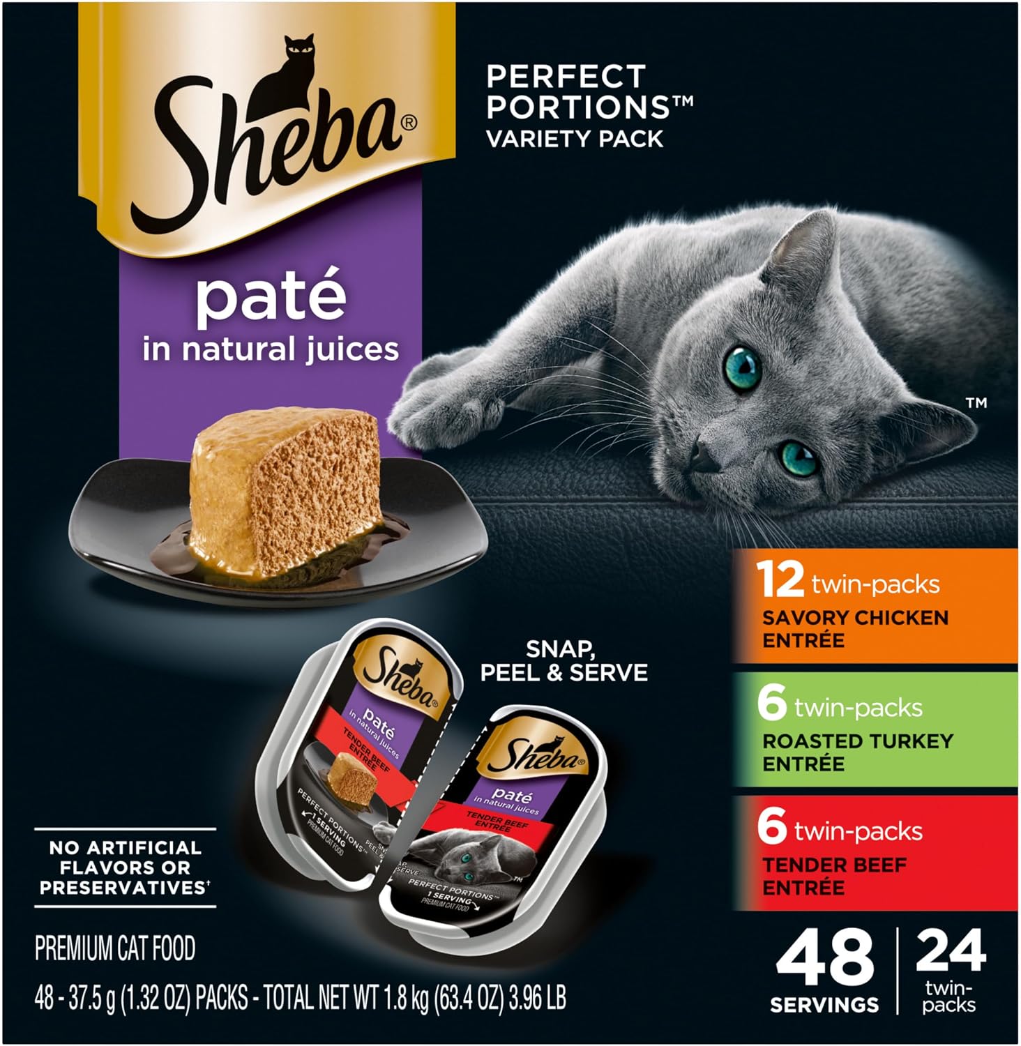 Sheba Perfect Portions Pate Wet Cat Food, Seafood Pack, 2.6 oz, 12 ct, 2pk | Grain-free, made in USA, Salmon & Whitefish-Tuna, 48 servings total, sustainable seafood, twin-pack trays