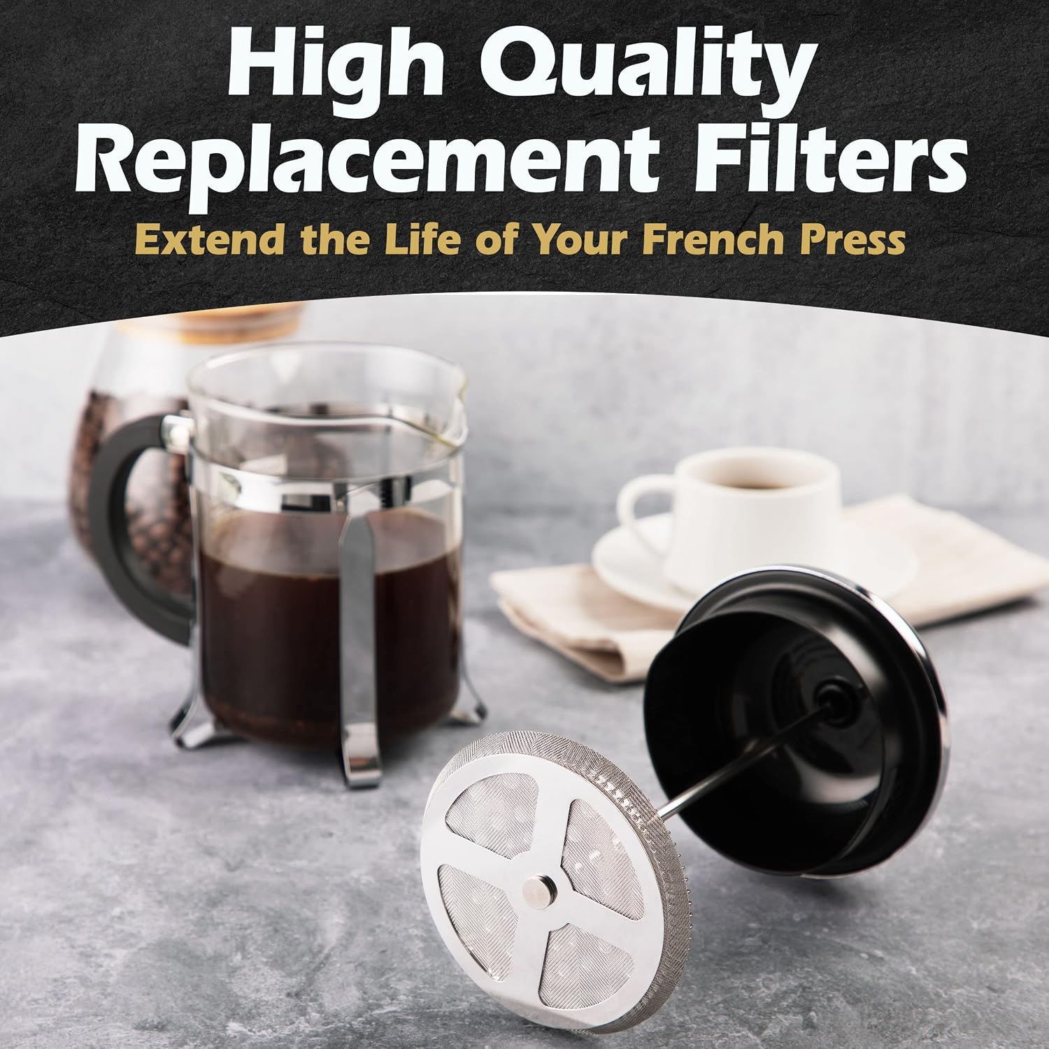 French Press Replacement Filter (2pack) - Includes Metal Center Ring - Universal 8Cup Stainless Steel Reusable Filter