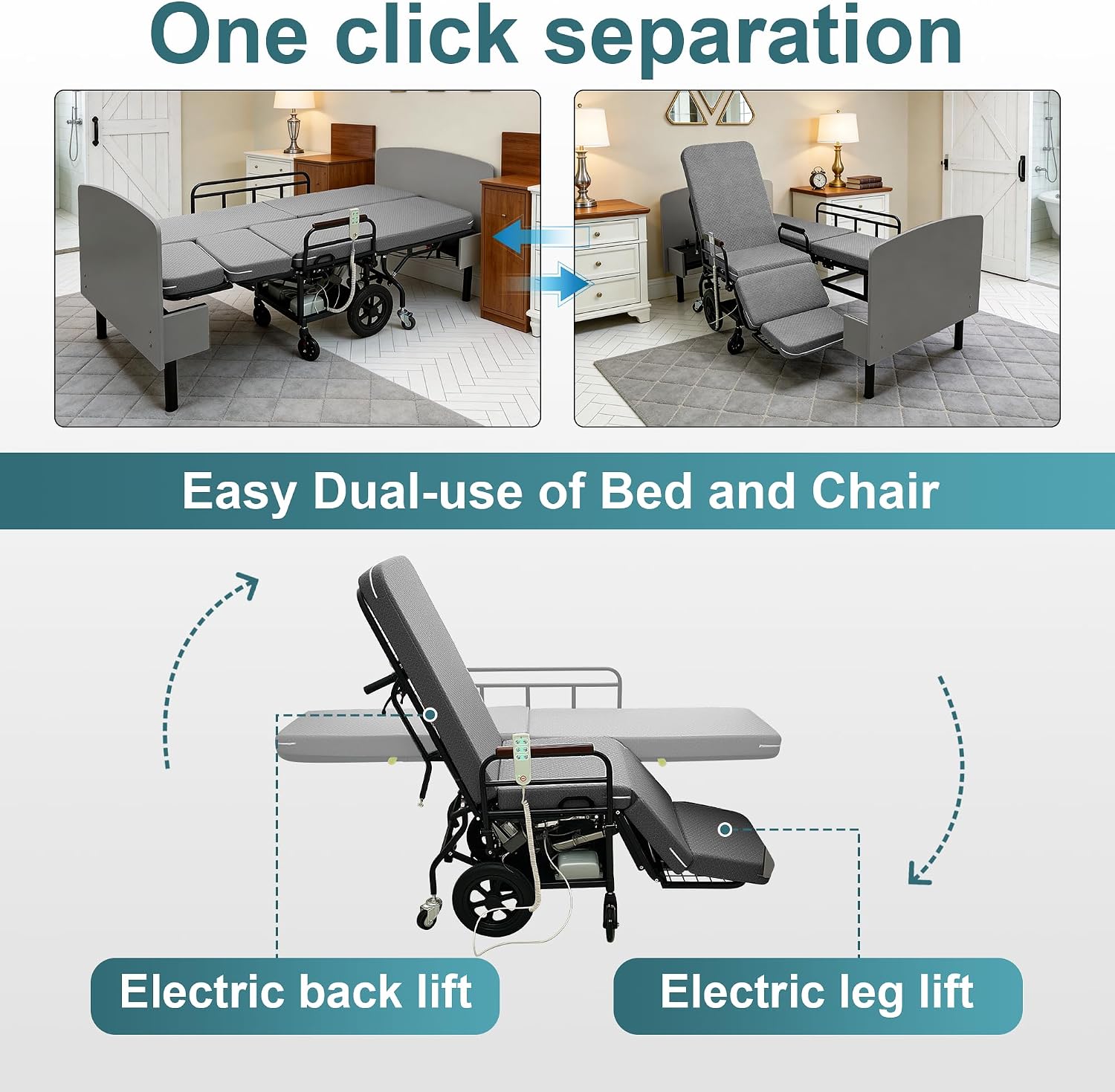 Electric Lift Bed for Elderly, Remote Control Adjustable Bed with 5.91" Mattress, Quiet Motor and Removable Tray, Zero Gravity Position Bed Frame Suitable for Hospital/Home Care