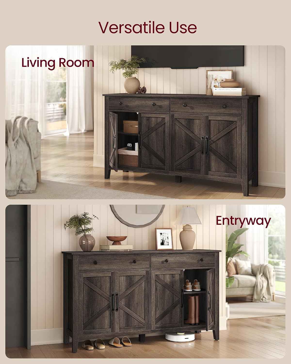 VASAGLE LIRY Collection - Storage Cabinet, Buffet Cabinet, Sideboard, Credenza, with Adjustable Shelves, for Entryway, Rustic White and Honey Brown ULSC381W01