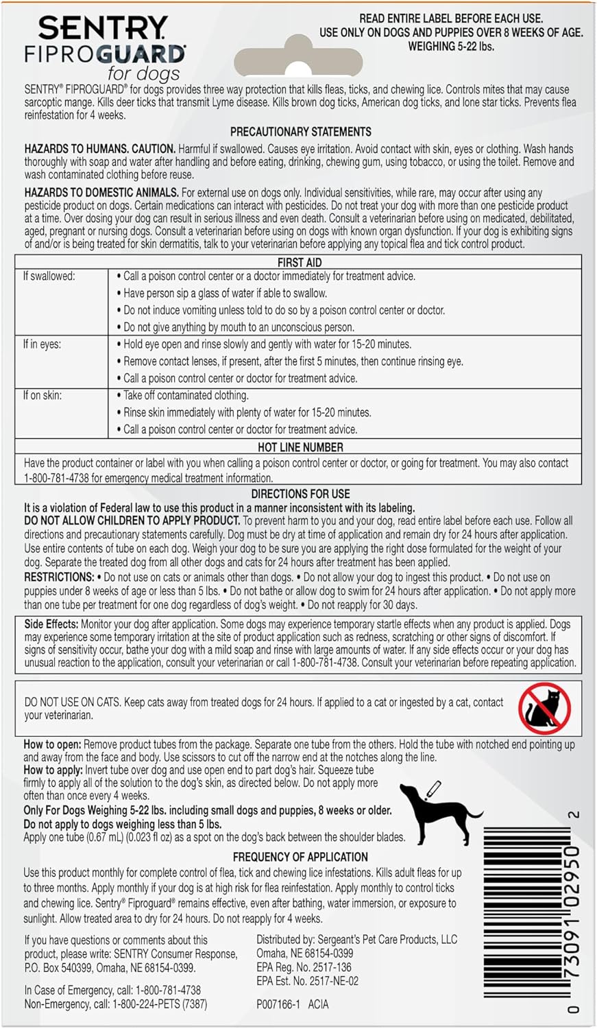 Sentry Fiproguard for Dogs, Flea and Tick Prevention for Dogs (23-44 Pounds), Includes 3 Month Supply of Topical Flea Treatments | Ideal for Medium Dogs 23-44 lbs; Kills Fleas, Ticks & Chewing Lice for 30 Days; 8 weeks+; Vet-Quality OTC Formula