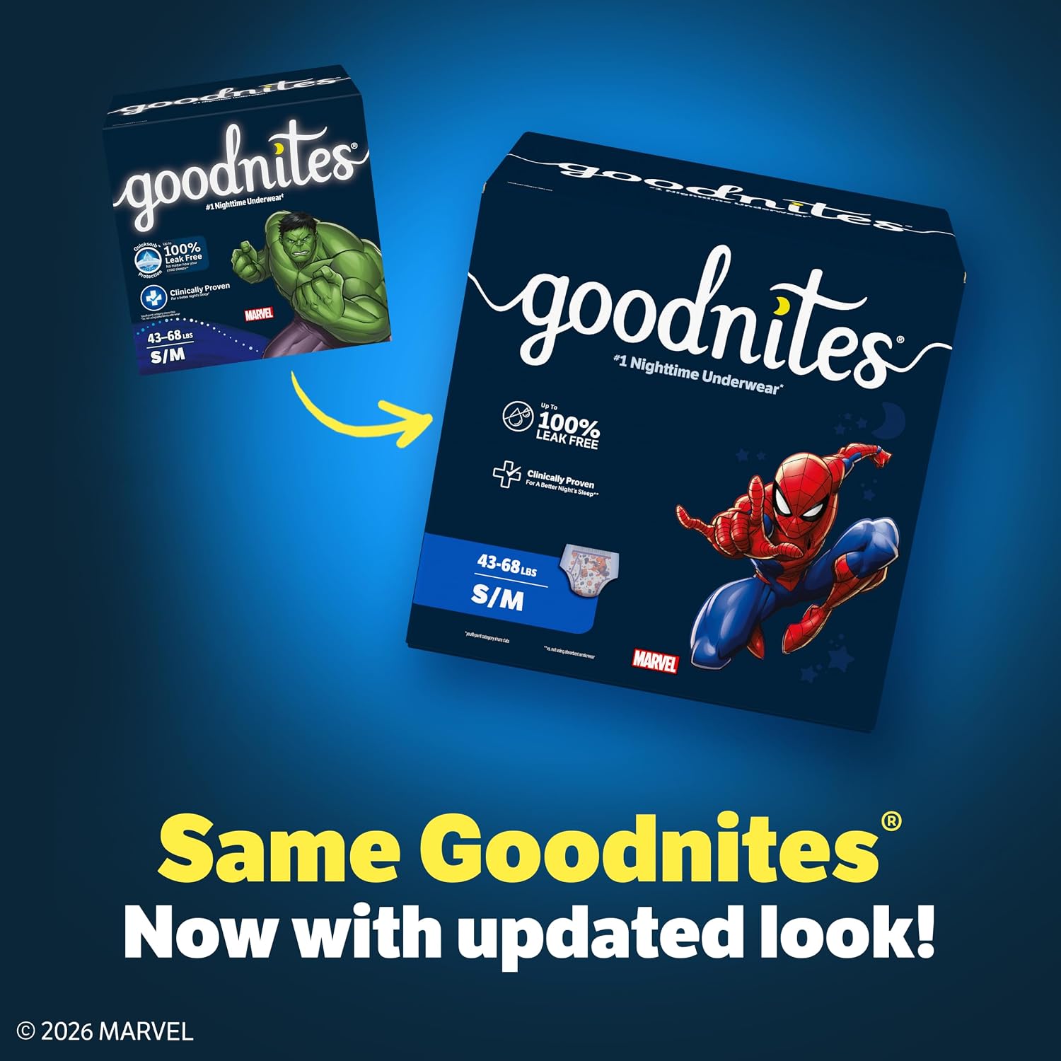 Goodnites Boys' Nighttime Bedwetting Underwear, Size S/M (43-68 lbs), 44 Ct (2 Packs of 22), Packaging May Vary