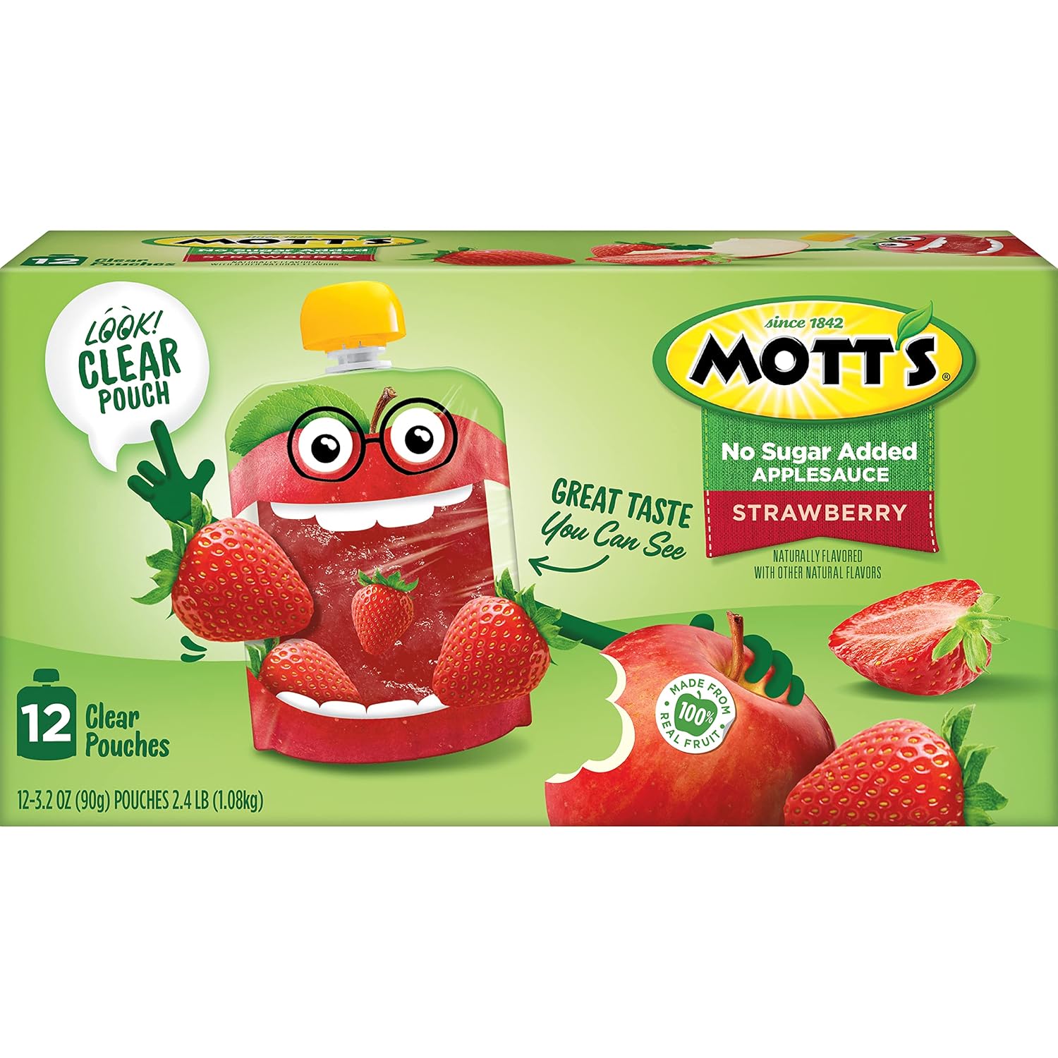 Mott's No Sugar Added Strawberry Applesauce, 3.2 Oz Clear Pouches, 48 Count (4 Packs Of 12), Good Source Of Vitamin C, No Artificial Flavors
