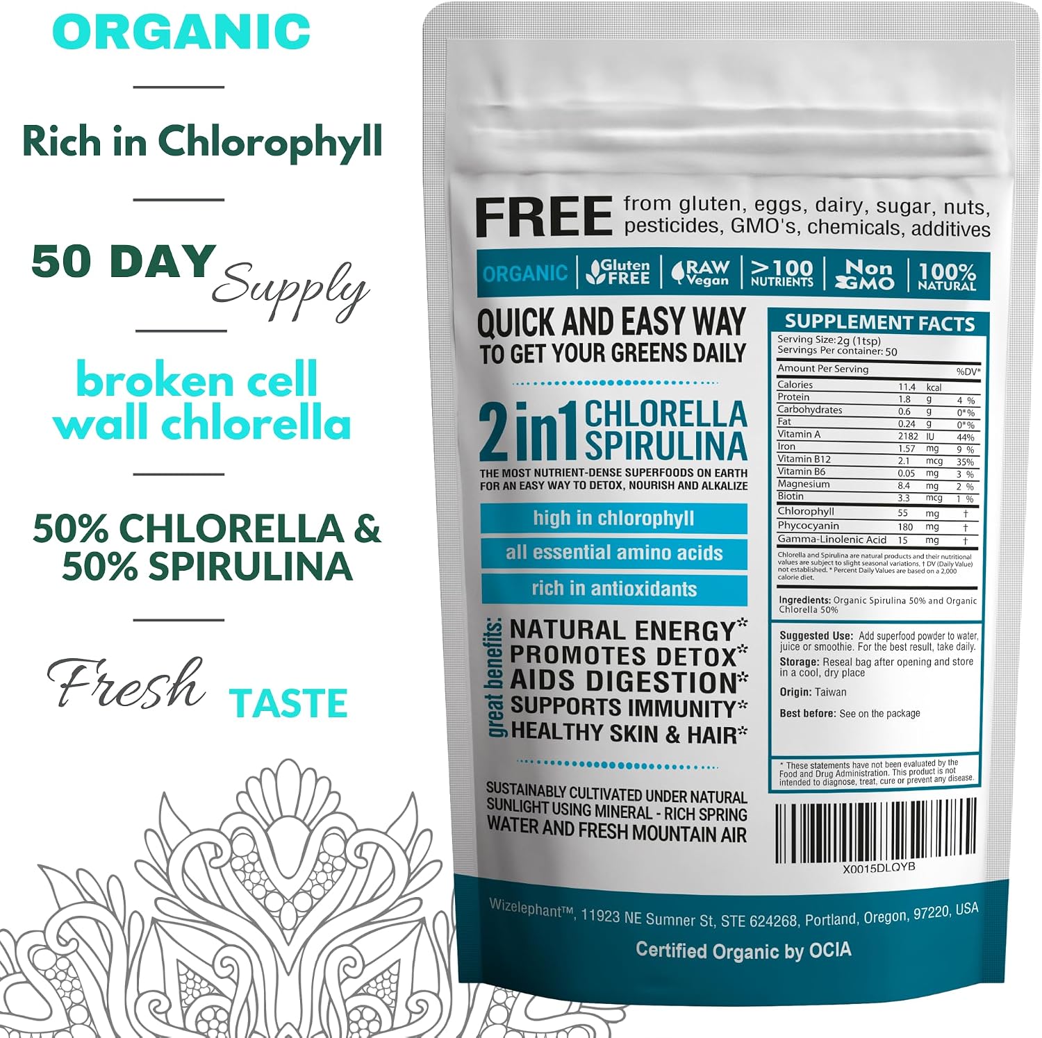 Chlorella Spirulina Powder Organic | Super Greens Powder and Smoothie Mix | Rich in Chlorophyll for Immune Support and Energy | Raw Vegan Protein