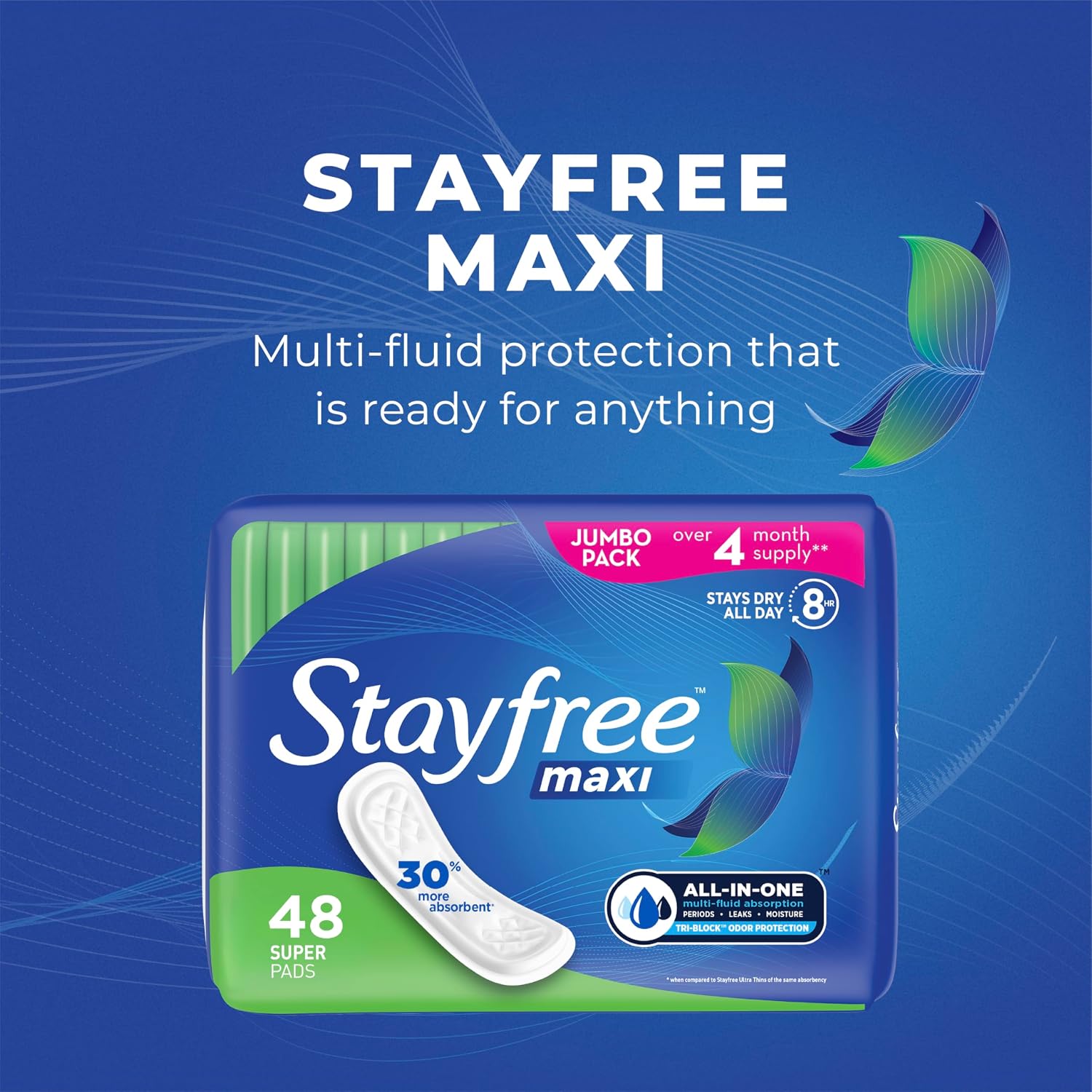 Stayfree Maxi Super Pads Wingless, Period and Leaks, 66 ct