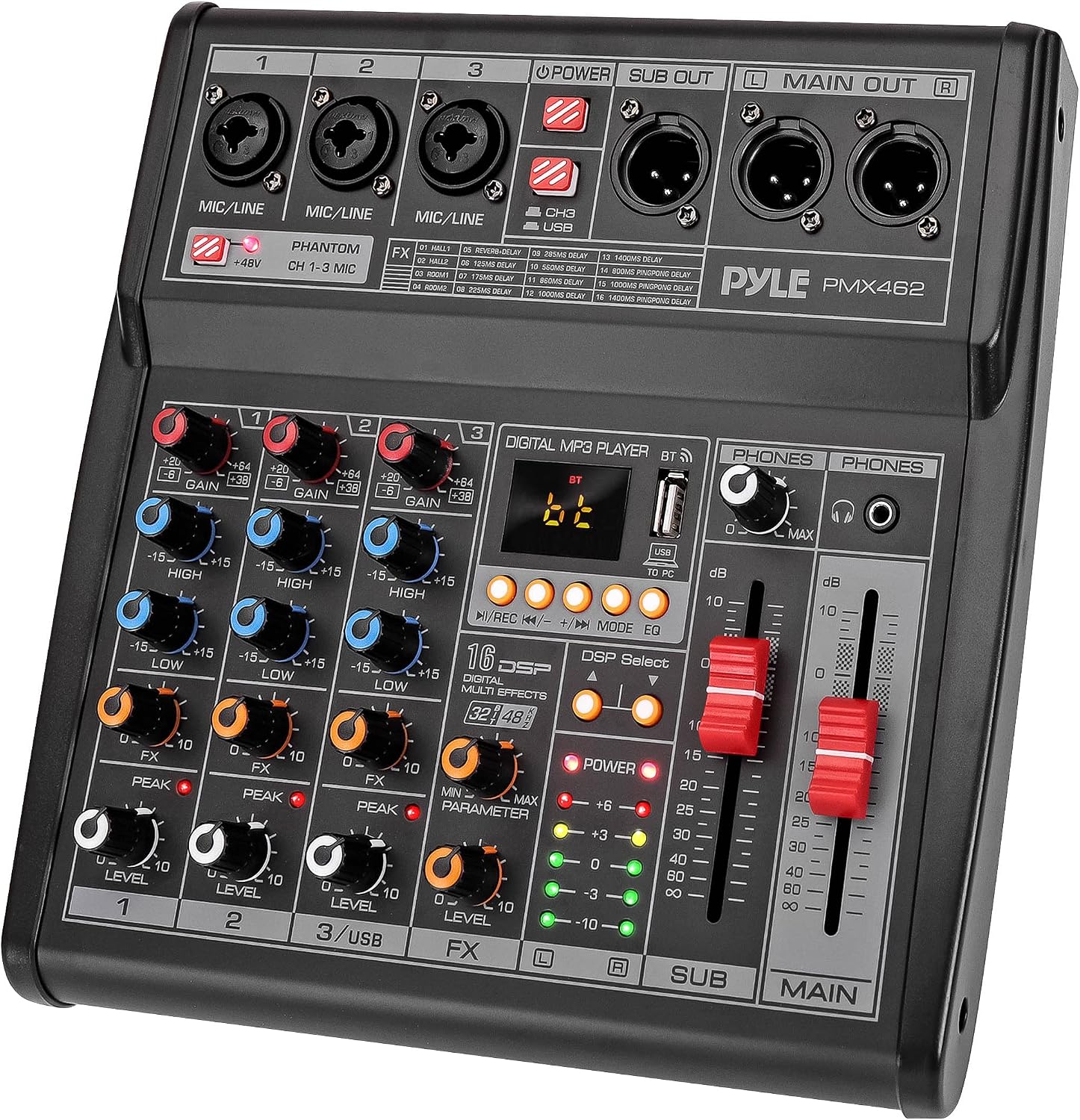 Pyle Professional DJ Audio Mixer - 3-Channel Controller with 16 Preset DSP Effects - USB Interface - 3 Mic/Line Inputs - +48V Phantom Power