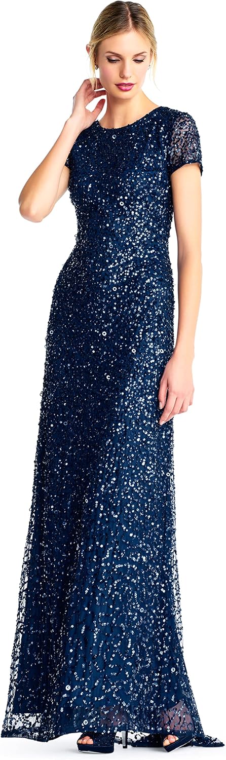 Adrianna Papell Womens Short-Sleeve All Over Sequin Gown