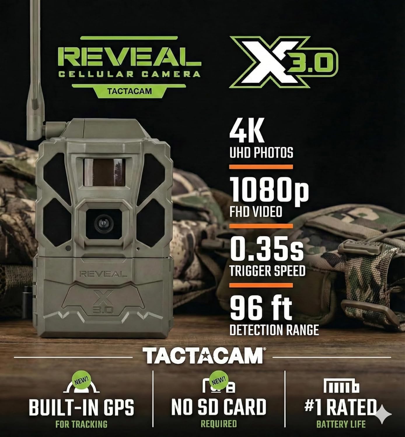 TACTACAM Reveal X 3.0 Cellular Trail Camera Reveal Solar Panel | Night Vision, 4K photo, 1080p video, auto-connect multi-carrier LTE