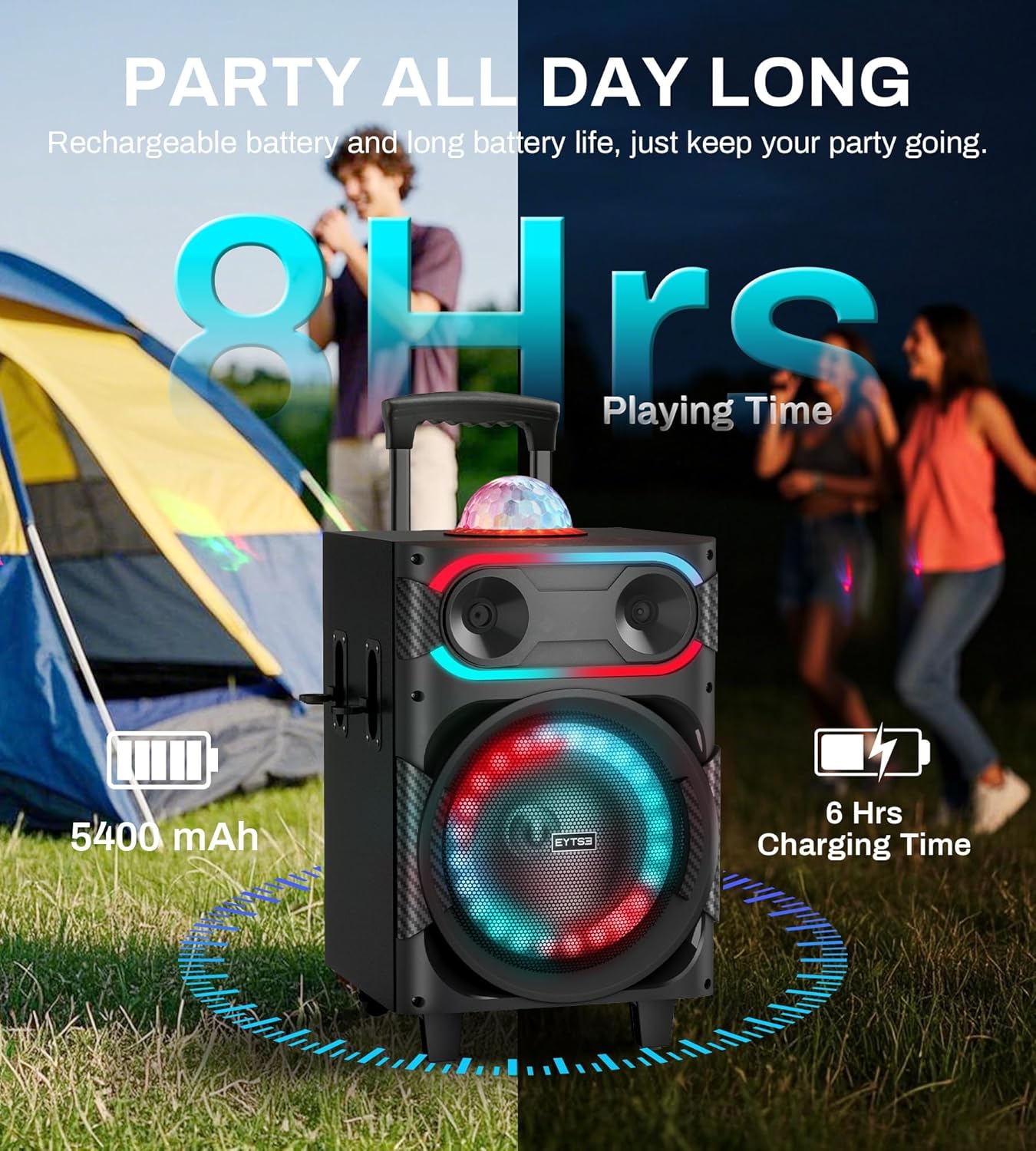 Karaoke Machine for Adults with 2 Wireless Microphones, BT PA System with Disco Ball LED Lights, Rolling Wheels, Tablet Holder, Remote Control