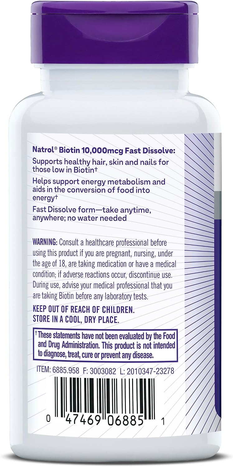 Natrol Biotin 10000mcg, 4X Faster Dissolve Supplement for Healthy Hair, Skin and Nails for Those Low in Biotin, Plus Energy Metabolism Support, 60 Tablets, Up to a 60 Day Supply