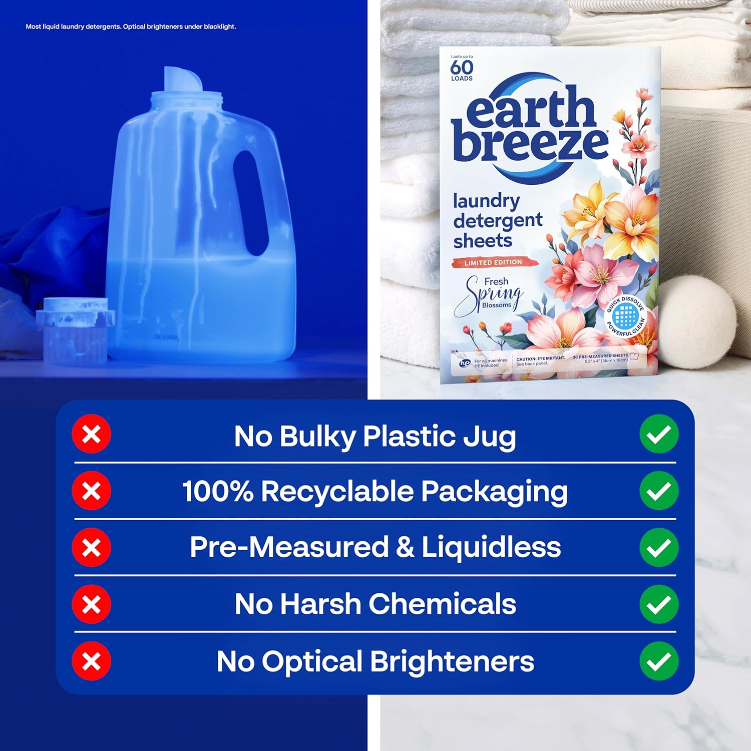 Earth Breeze Laundry Detergent Sheets Fresh Scent 60 Loads