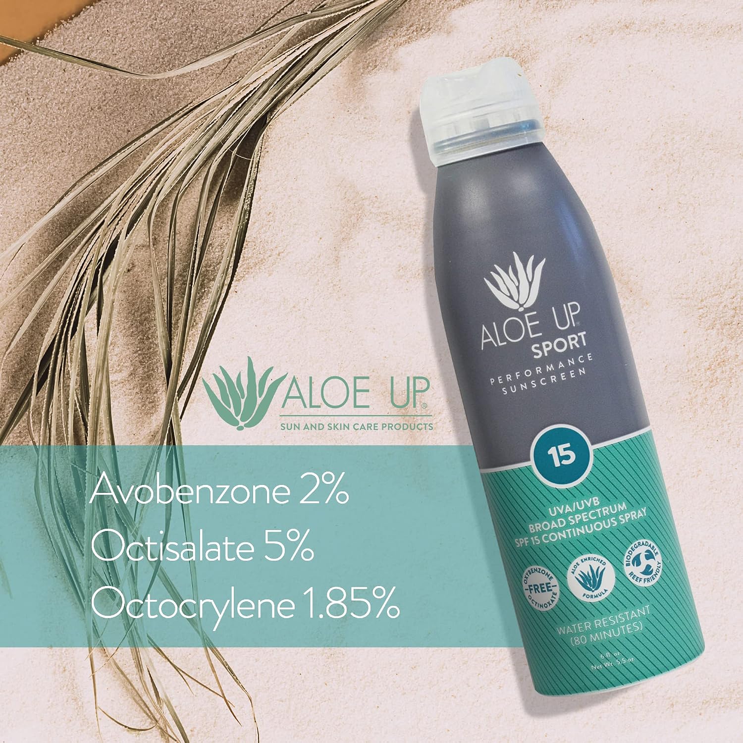 Aloe Up Sport Sunscreen Spray SPF 15, Water Resistant, Non-greasy, 6 oz | Broad-spectrum SPF 15; Water resistant up to 80 min; Non-greasy, With aloe vera gel, fragrance-free