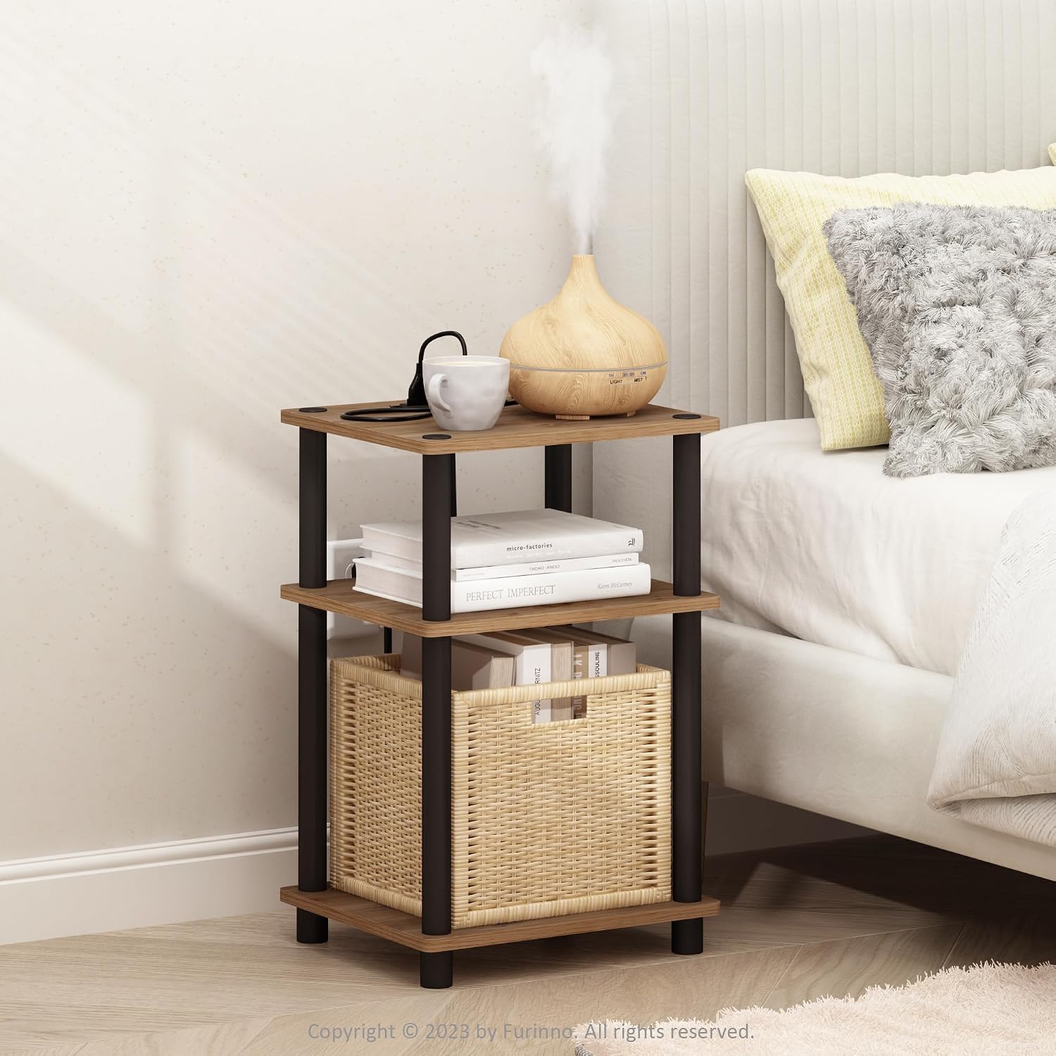 Furinno Turn-N-Tube End Table Corner Shelves, Set of 2, Dark Cherry/Black | Stackable Modern End Table with Open Shelf, Night Stand, Bedside Table, for Living Room, Bedroom