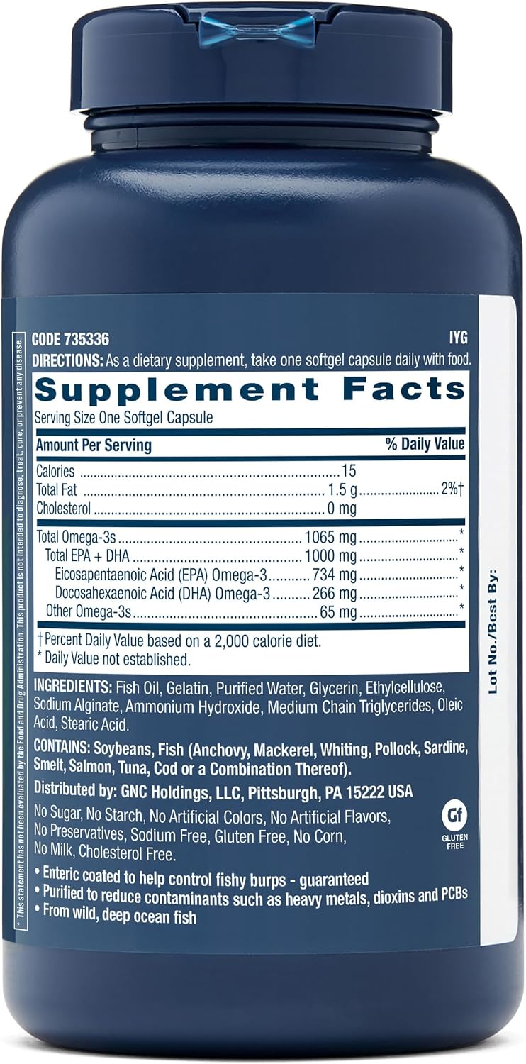 GNC Triple Strength Fish Oil Omega 3 Supplement, 1000mg EPA and DHA, Supports Heart, Brain, Skin, Eye and Joint Health, 60 Softgels