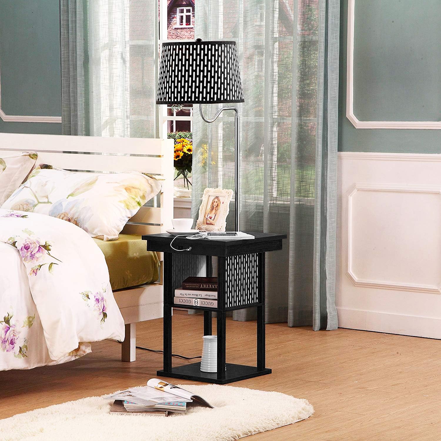 Brightech Madison Side Table with Lamp Combo with LED Bulb, Desk Lamp with USB Port, Bedside Reading Light, Modern End Table with Floor Lamp for Bedroom, Living Room, Office - Havana Brown
