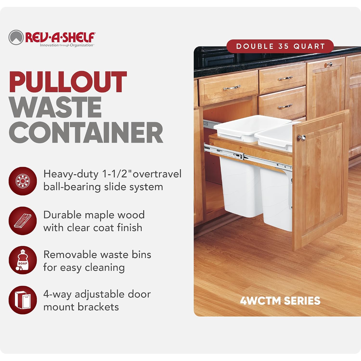 Rev-A-Shelf Top Mount Double Pullout Under Cabinet 35 Quart Kitchen Trash Cans, 150 Pound Rated Full-Extension Slides, 4WCTM-18DM2-419-FL