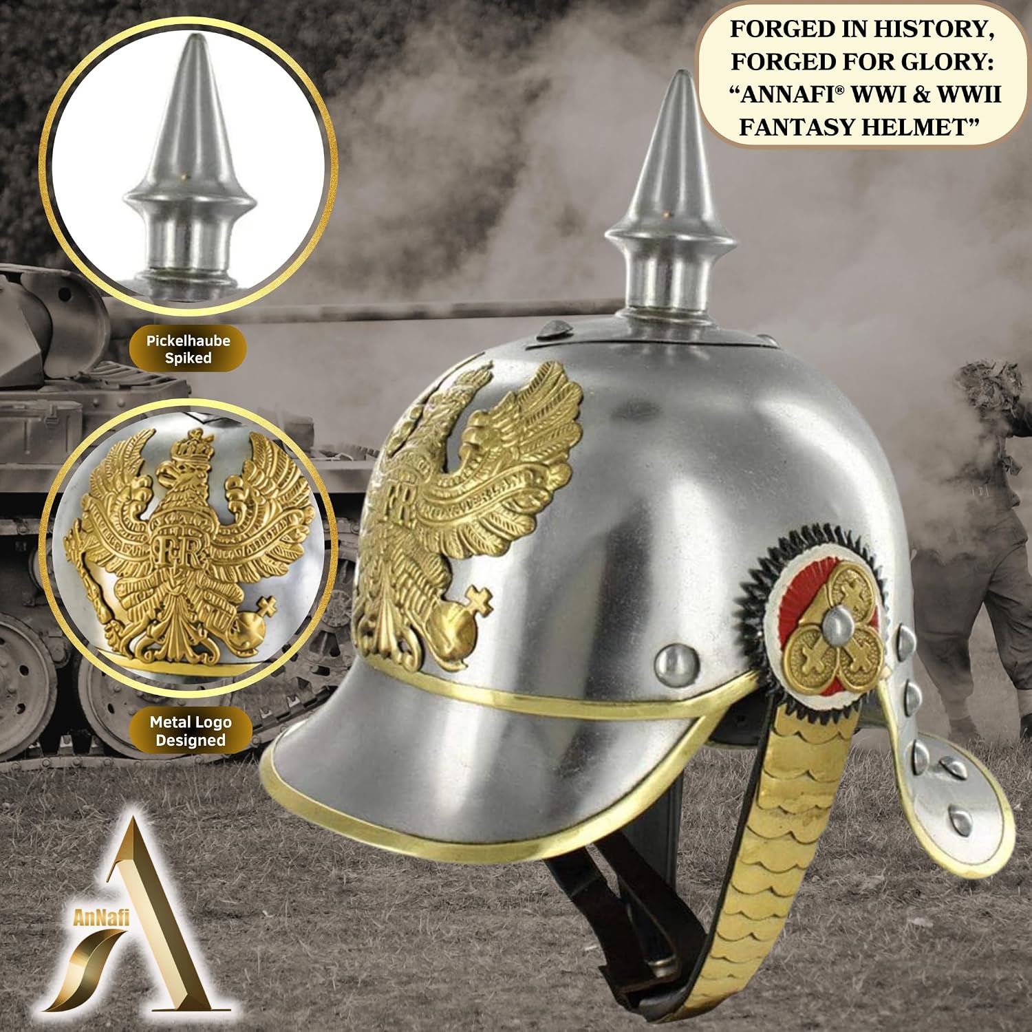 AnNafi® German Pickelhaube Military Helmet, Steel Imperial Prussian Officer Spiked, WWI & WWII Helmets Replica