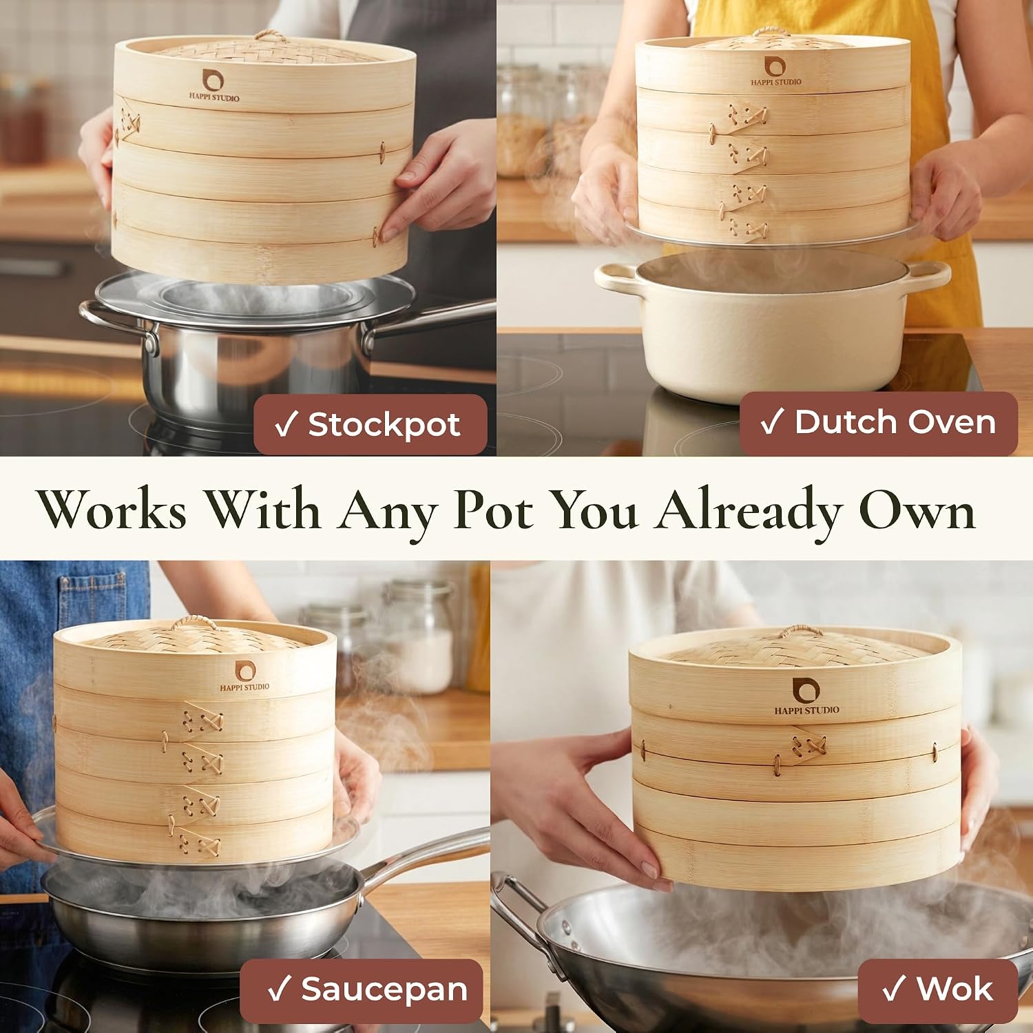 HAPPI STUDIO Bamboo Steamer Basket 10 Inch, Extra Deep Dumpling Steamer Set