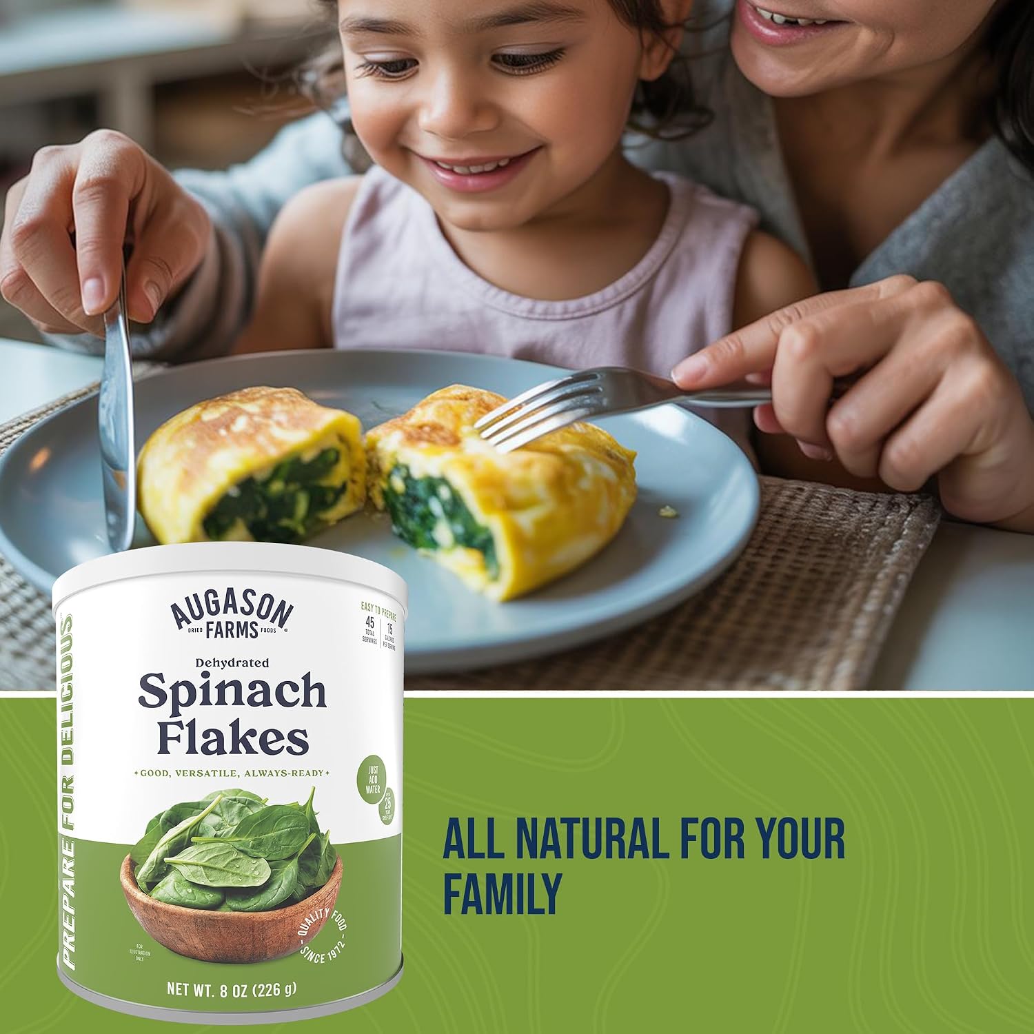 Augason Farms Dehydrated Spinach Flakes Can | Emergency Food Supply, 45 Servings, 25 Year Shelf Life, 15 Calories per Serving, Dehydrated Meals