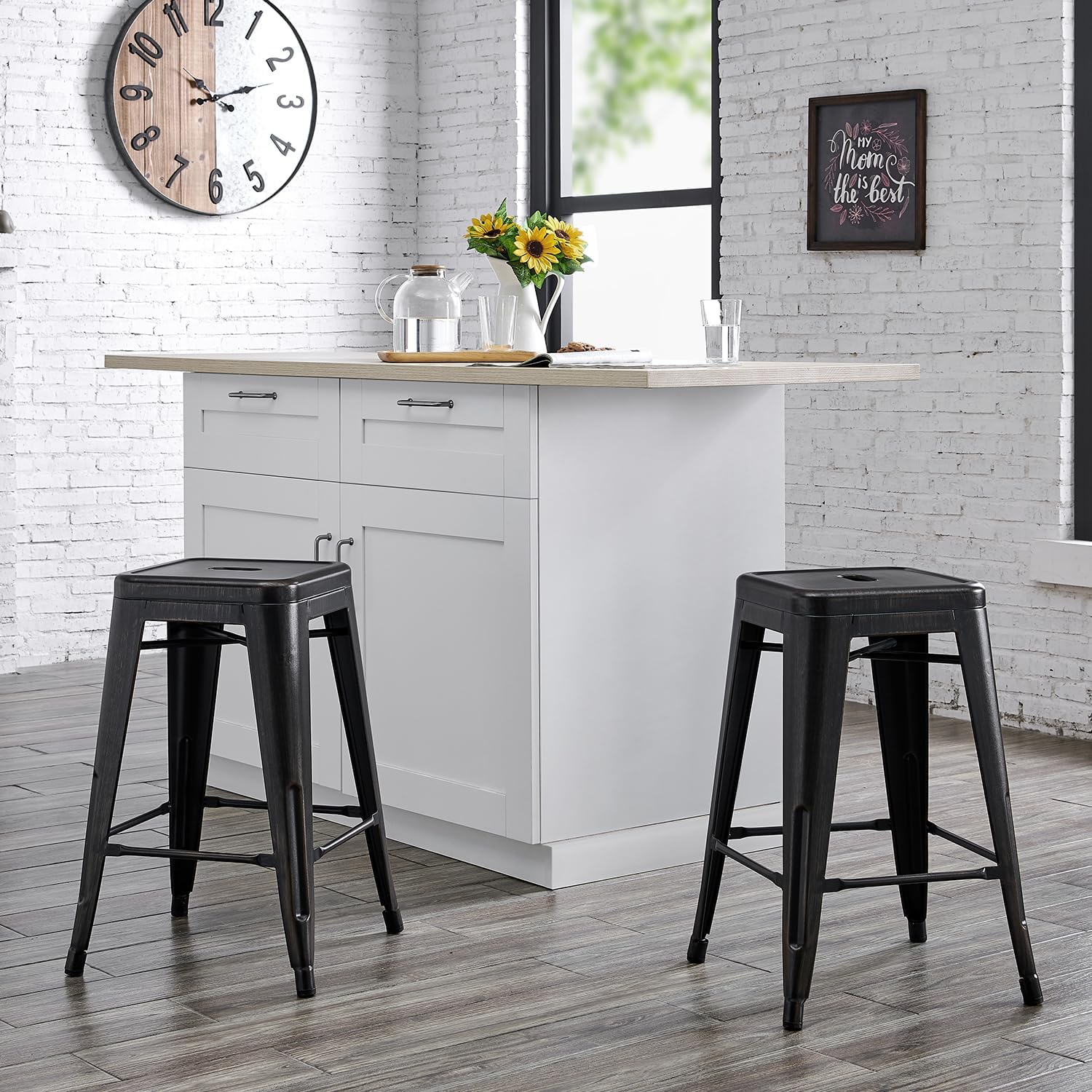 AC Pacific 30” Metal Barstool Set of 2 – Country Rustic Style with Low Back, Lightweight & Sturdy Build, Easy Assembly – Matte Black