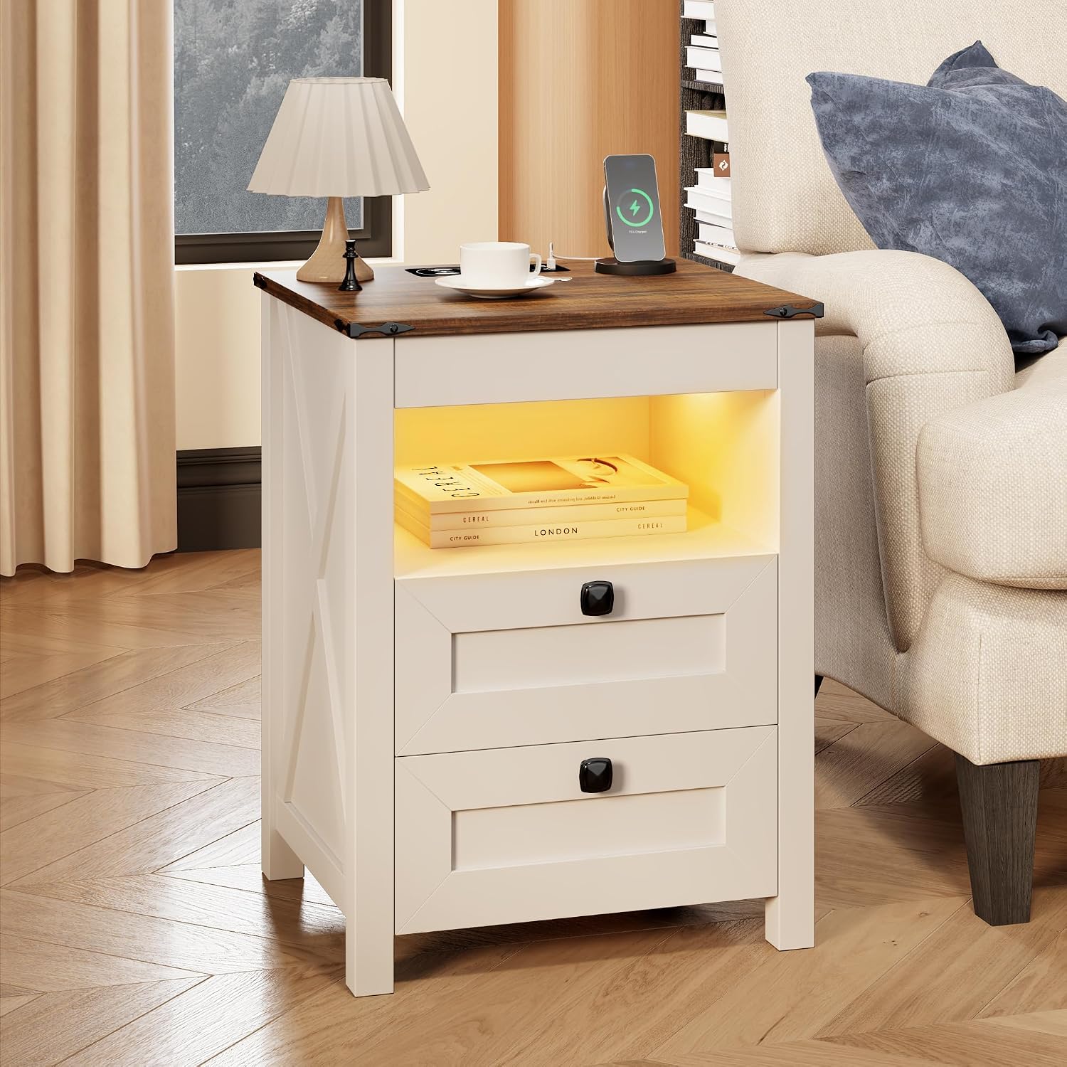 Farmhouse LED Nightstand with Gun Drawer&Invisible Lock,Modern Bedside Table with Human Sensor Design,Rustic Side Table with Wireless Charging for Living Room, Dark Oak