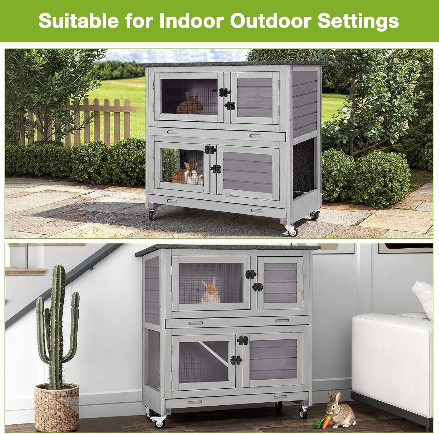 Outdoor Rabbit Hutch Indoor Bunny on Wheels Large Guinea Pig Cage with Run for Any Small Animals,Removable Pull Out Tray