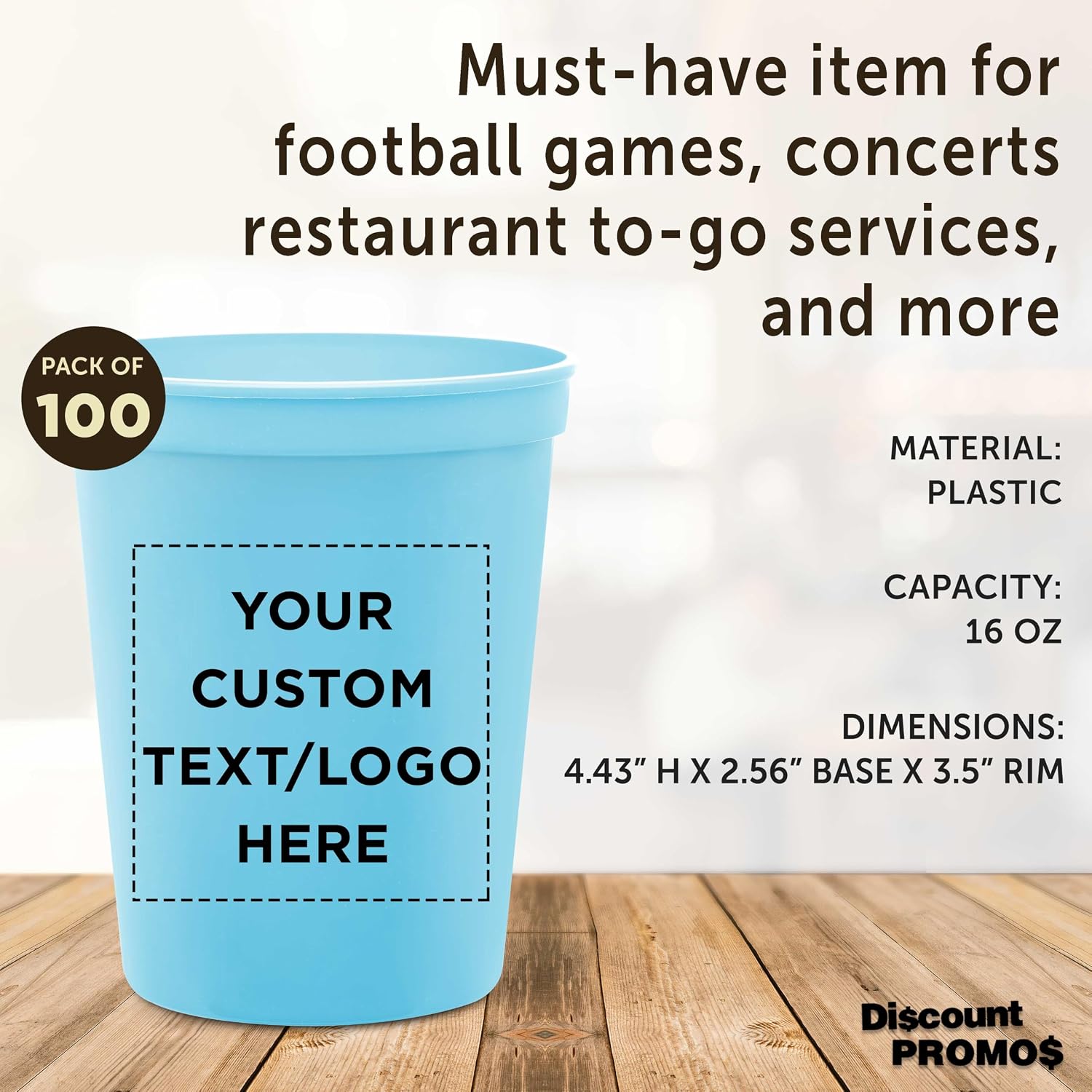 DISCOUNT PROMOS Custom Plastic Stadium Cups 16 oz. Set of 10/50/100, Personalized Bulk Pack - Perfect for Birthdays, Weddings, Picnic, Beach
