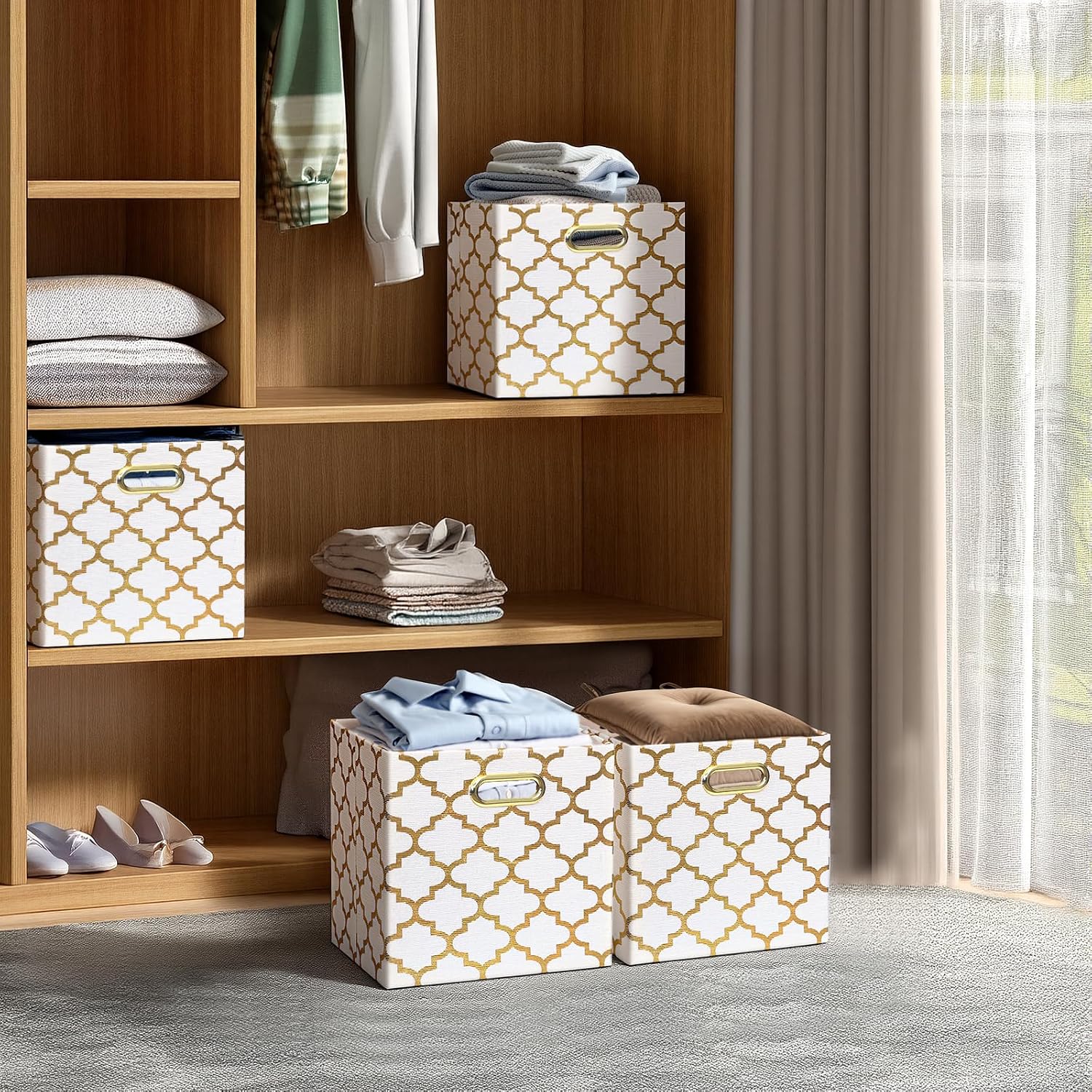 Posprica Storage Bins, Storage Cubes,13×13 Fabric Drawers Organizer Basket Boxes Containers (13×13×13/4pcs, Cream/gold geometry Pattern)