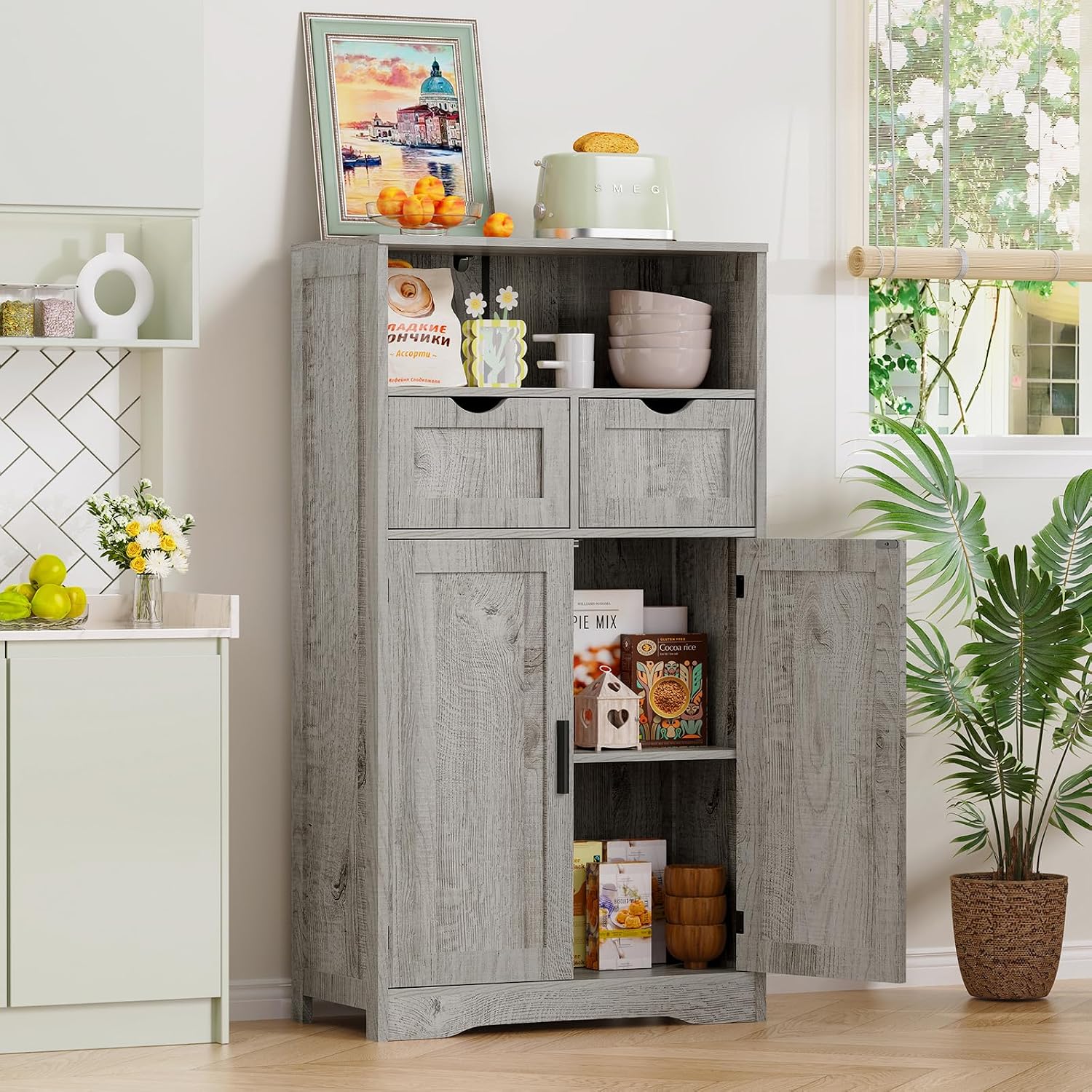 Iwell Storage Cabinet with 2 Drawers & Adjustable Shelves, Cupboard, Floor Cabinet for Living Room, Home Office, Rustic Brown