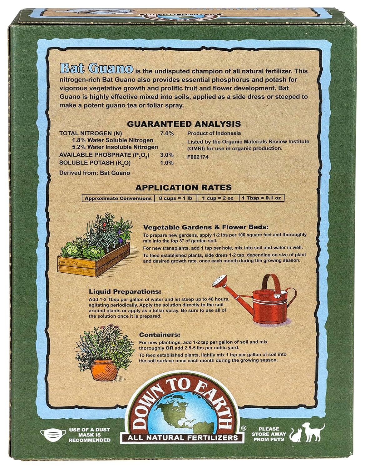 Down To Earth All Natural Fertilizers Organic Bat Guano - 7-3-1, 0.25 lb | High Nitrogen Plant Food for Rapid Vegetative Growth, Fast-Acting in Vegetable Gardens, Flower Gardens