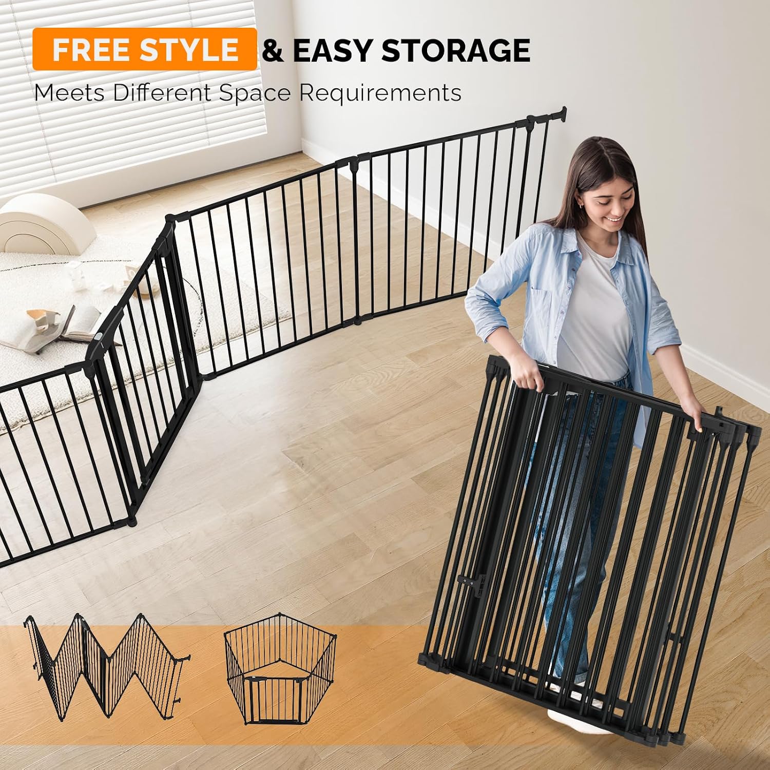 Bonnlo 134 Inches Wide Configurable Baby Gate, Fireplace Safety Fence/Guard, Adjustable 5-Panel Metal Play Yard for Toddler/Pet/Dog, Christmas Tree Fence, Includes 4 Pack of Wall Mounts, Black