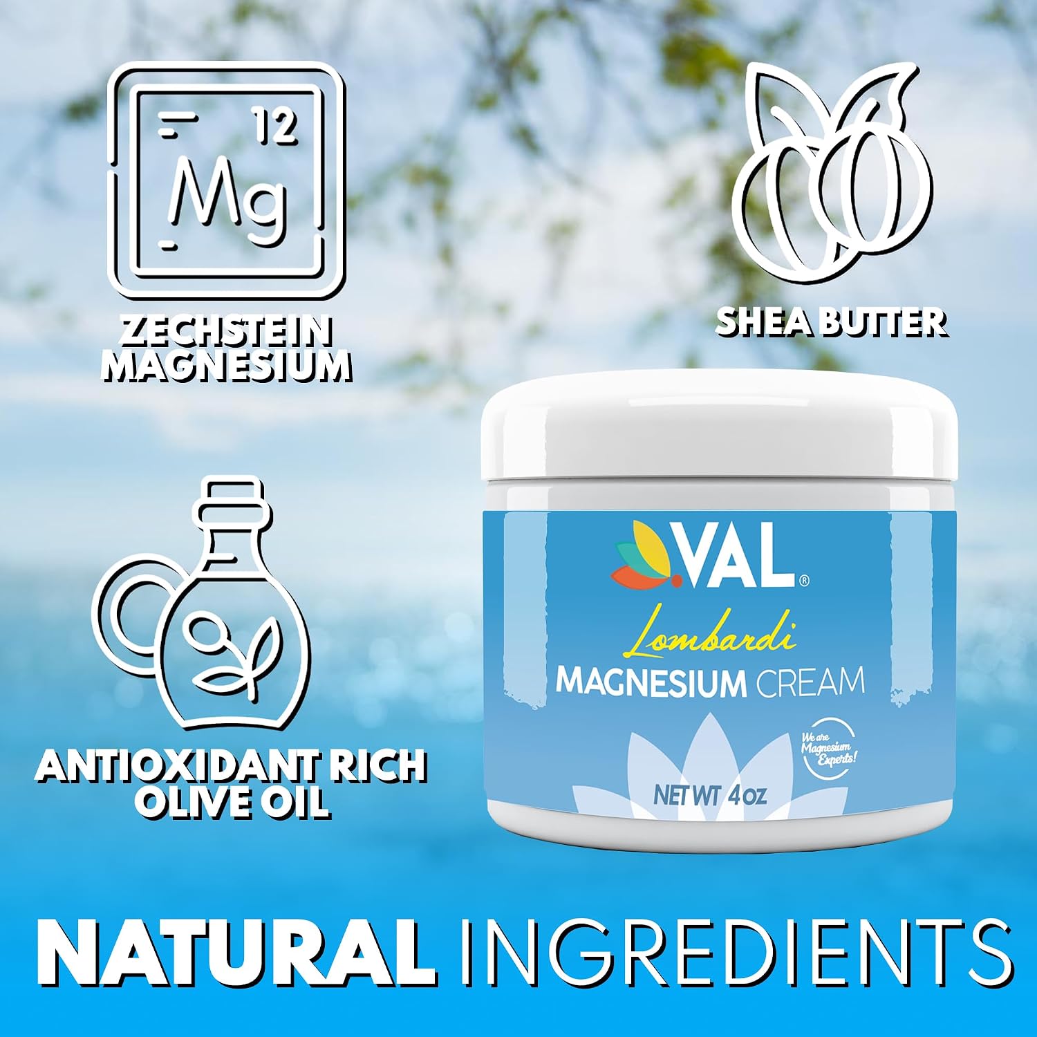 VAL Lombardi Magnesium Lotion, Nighttime Zechstein Magnesium Chloride Cream, Hydrating, Fast-Absorbing, Topical Magnesium for Feet, Legs, Arms, Chest - 4 Ounce (Pack of 1)