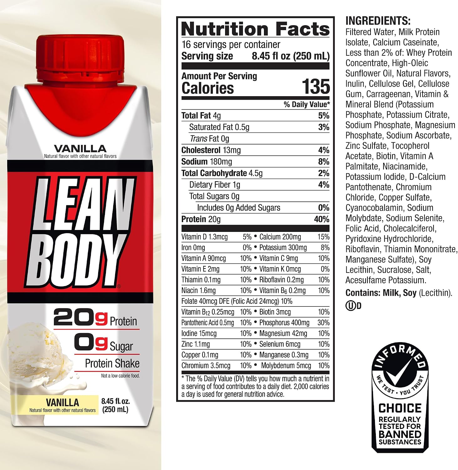 Labrada Lean Body Ready-to-Drink Chocolate Protein Shake, 40g Protein, Whey Blend, 0 Sugar, Gluten Free, 22 Vitamins & Minerals, LABRADA, 17 Fl Oz (Pack of 12)