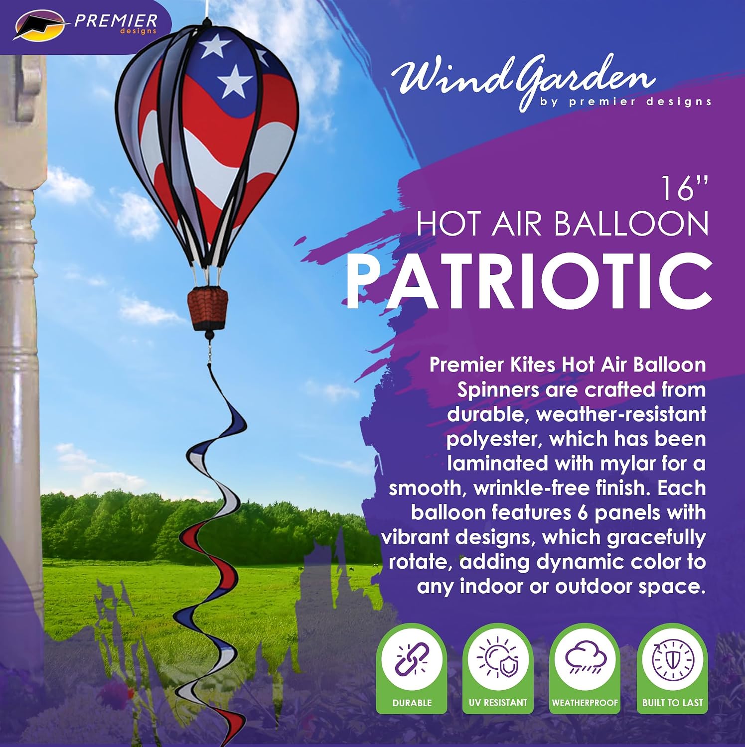 Hot Air Balloon Hanging Garden Spinner 16" - Vibrant Patriotic Design, Weather-Resistant Outdoor Decor, Durable & Lightweight for Patios, Yards, and Gardens - Eye-Catching Wind Spinner