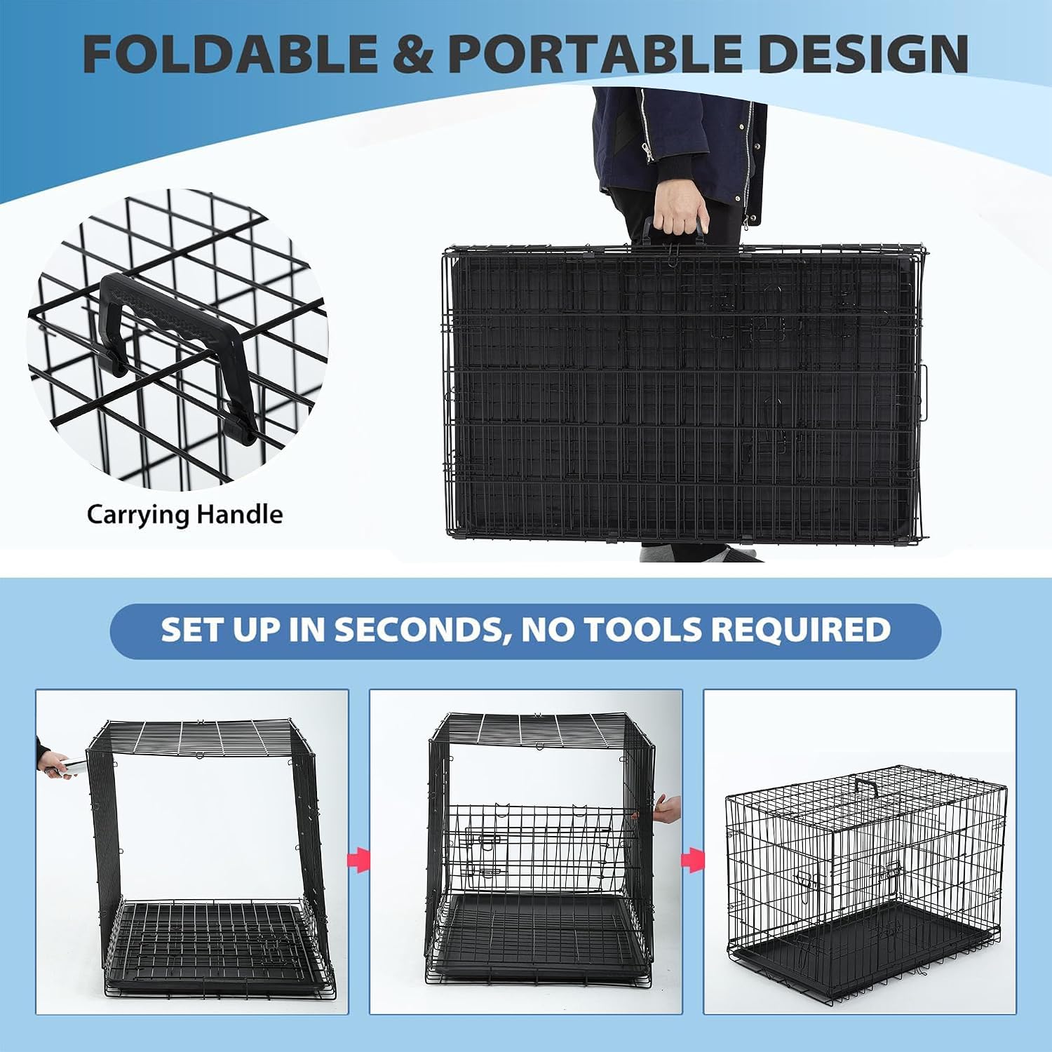 BestPet | Dog Crate | 48" | Black | Foldable Metal Kennel with Double Doors