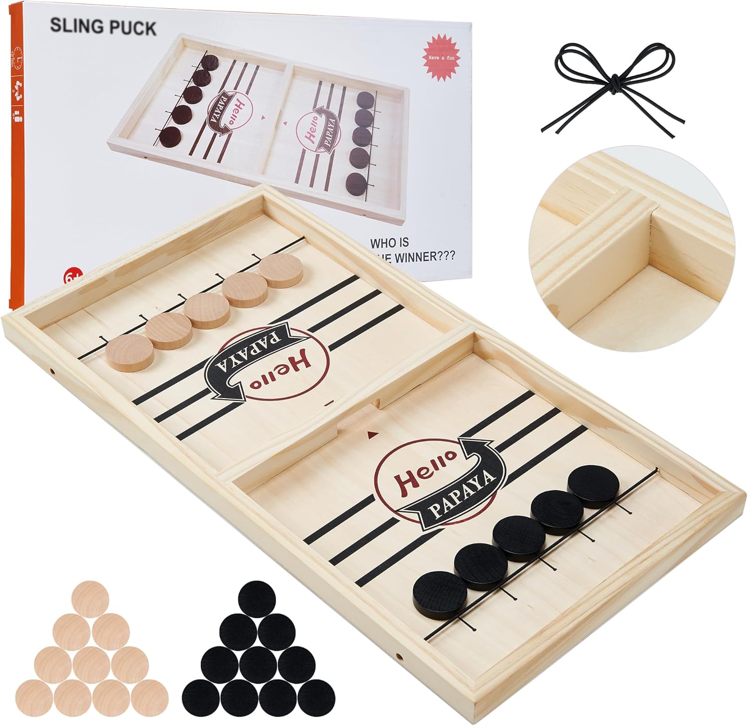 HELLO PAPAYA Fast Sling Puck Game - Test Your Speed and Accuracy with This Fast-Paced Wooden Air Hockey Desktop Battle Board Game - Guaranteed Fun