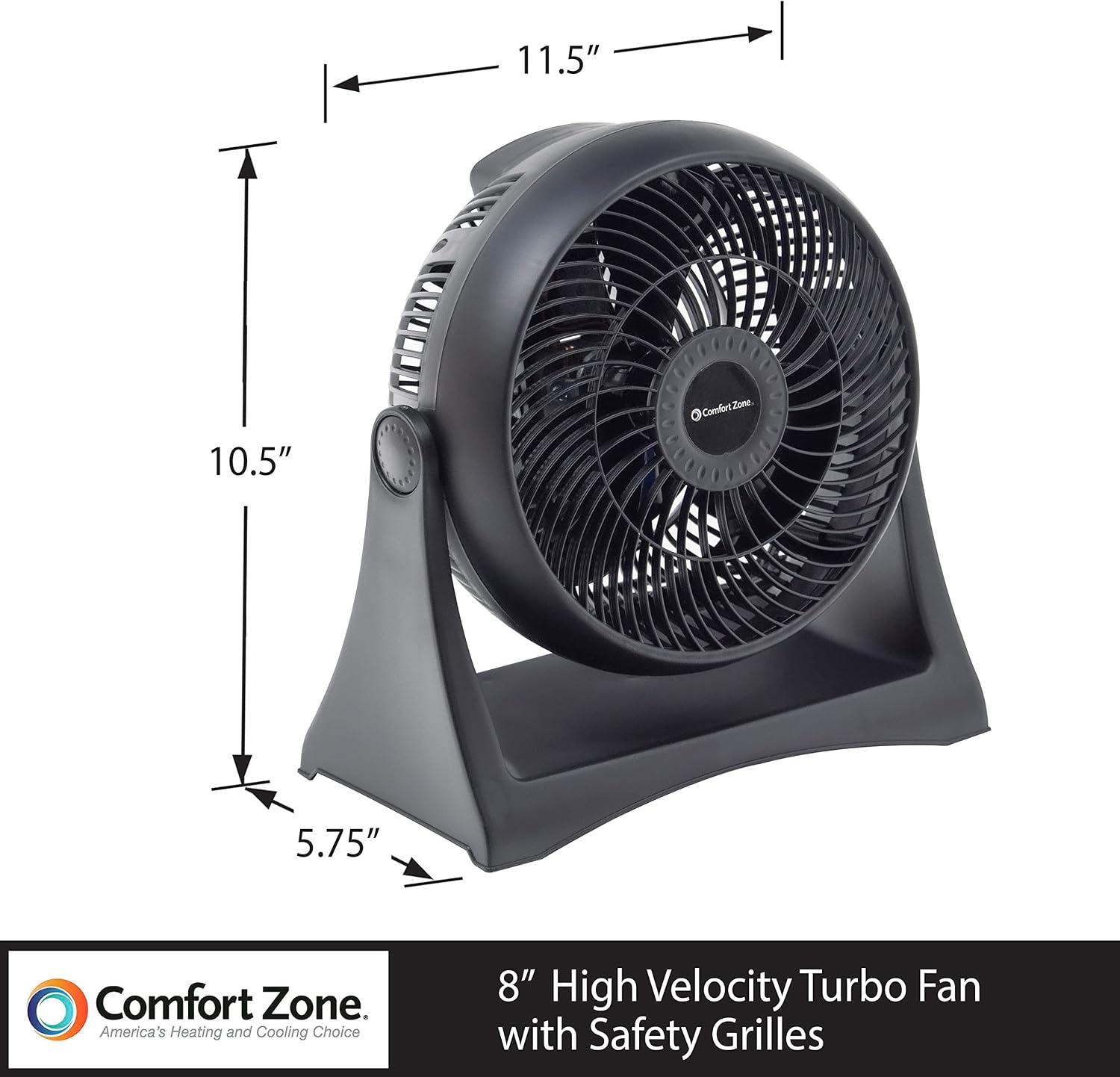 Comfort Zone Table Fan, 8 inch, 3 Speed, Personal Fan, Electric, Wall Mountable, 180 Degree Adjustable Tilt, Tabletop Fan, Desk Fan