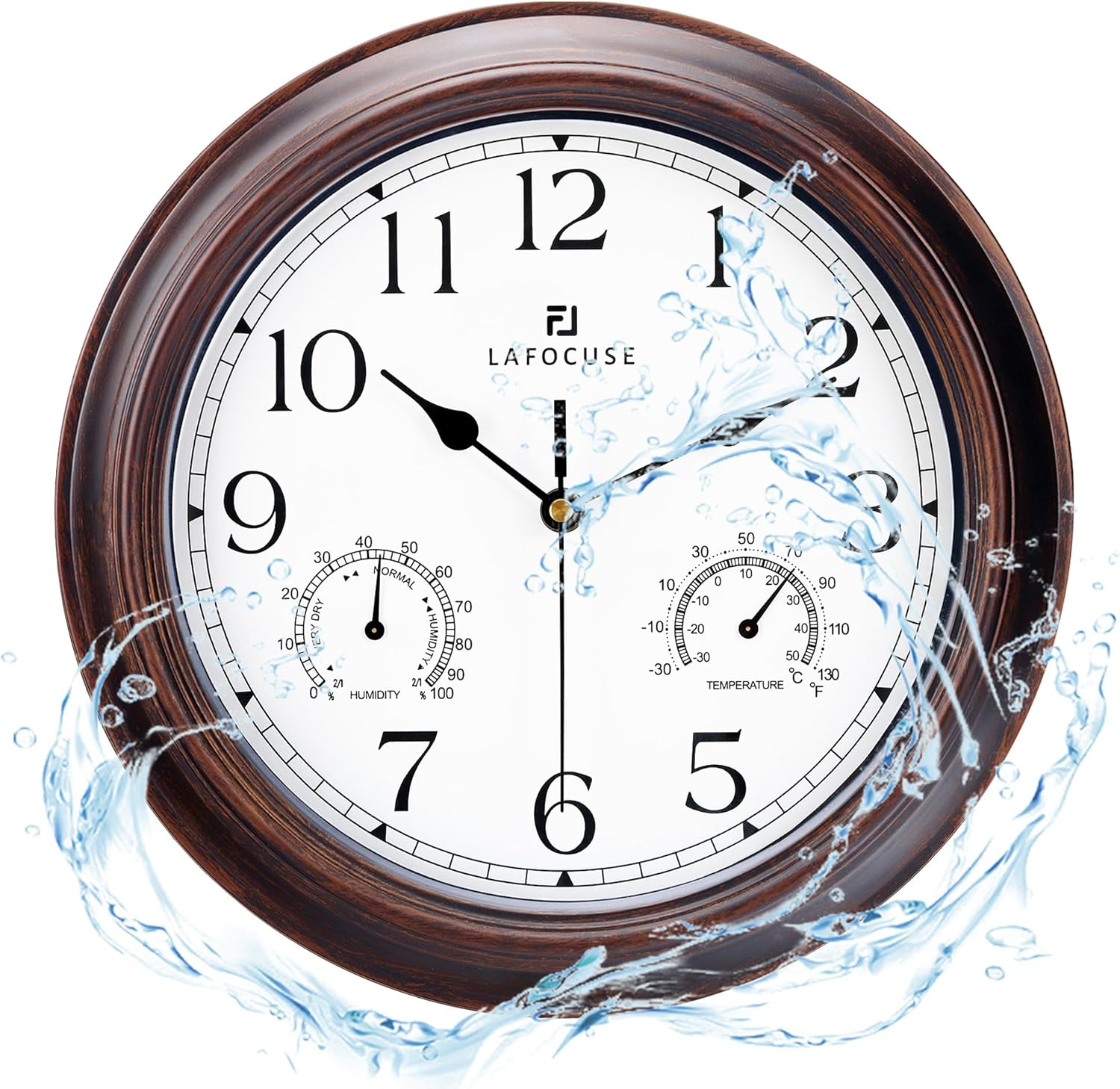 Lafocuse 12 Inch Brown Outdoor Wall Clocks with Temperature and Humidity