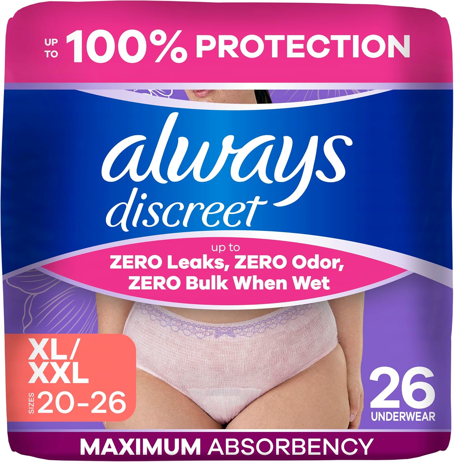 Always Discreet Adult Diapers for Women, Incontinence Underwear, Postpartum Essentials, Disposable Briefs, Max Absorbency, Bladder Leak Protection, Small/Medium, 32ct