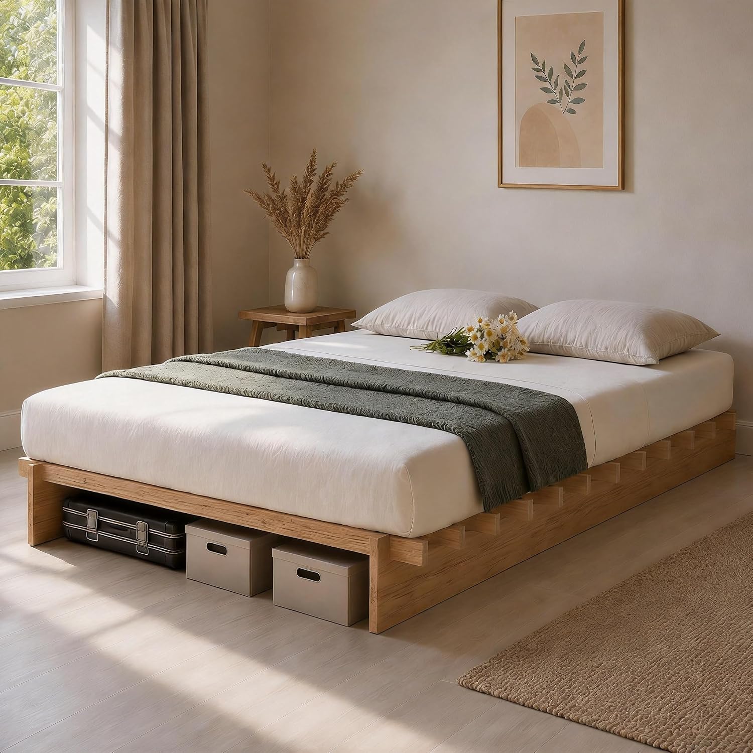 Brafab Tooless Queen Bed Frame, Wooden Japanese Joinery Platform Bed Frame | Wood Slat Support, Assembly in 10 Min, 8" Underbed Storage, No Box Spring Needed, Noise Free, Kid-Friendly Design, Natural