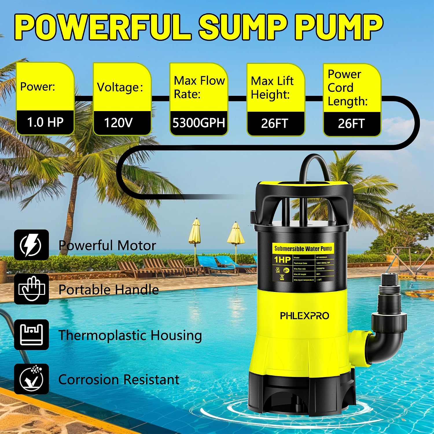1/2HP Automatic Submersible Sump Pump, 5300 GPH Water Pump | 3/4" Garden Hose Check Valve Adapter, 2650 GPH Water Removal for Swimming Pool Cover Hot Tubs Flooded House Basement