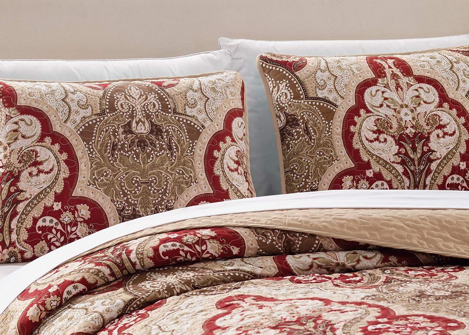 Luxury Home Collection 3 Piece Full/Queen Quilted Reversible Coverlet Bedspread Set Floral Printed Blue Taupe